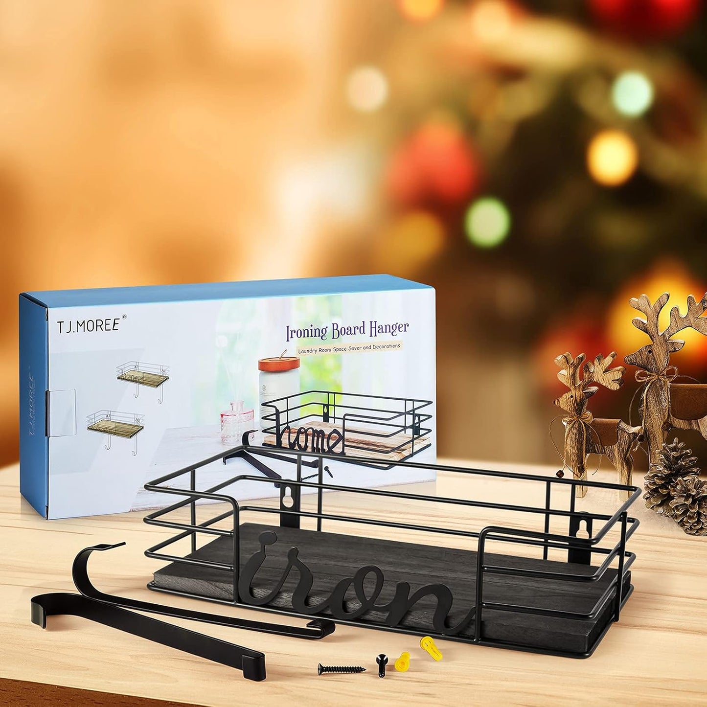 TJ.MOREE Ironing Board Hanger Wall Mount - Laundry Room Iron and Ironing Board Holder, Metal Wall Mount with Large Storage Black Wooden Base Basket and Removable Hook(Black)