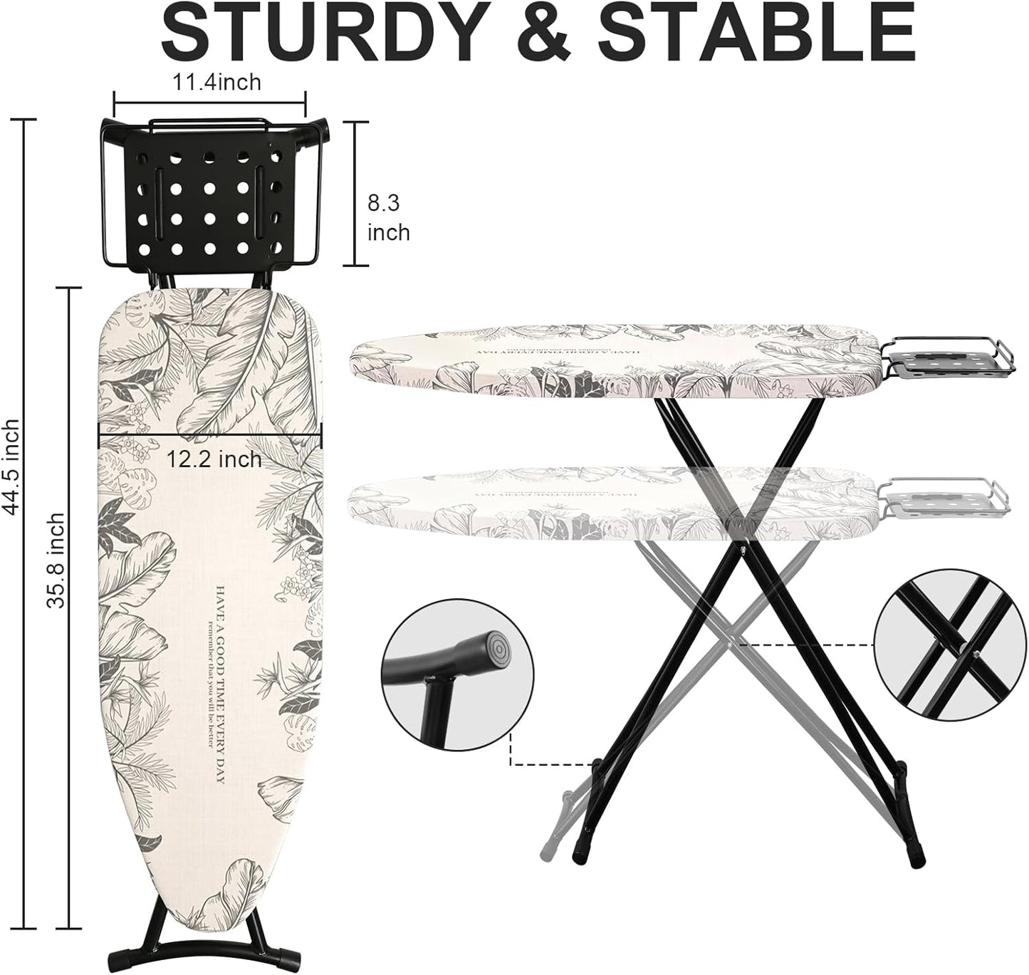 Ironing Board,Foldable Ironing Board Adjustable Height Compact Iron Board Thick Steel Tube Iron Board with Holder,Replacing Cloth Cover and Mini Handheld Gloves(Leaf Print)