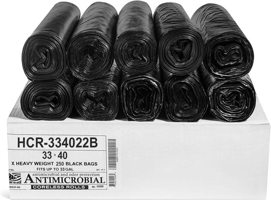 Aluf Plastics High Density Trash Bags, 33 Gallon, 250 Count, 22 Micron (eq), 33" x 40", Black, for Bathroom, Office, Industrial, Commercial, Janitorial, Municipal, Recycling