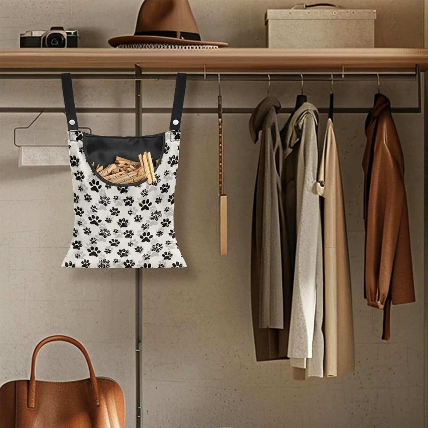 Dog Paw Print Clothespin Bag with Hanging Hook Summer Laundry Clothes Pin Holder Waterproof Clothes Pin Hanging Bag Clothespin Storage Organizer with Large Opening