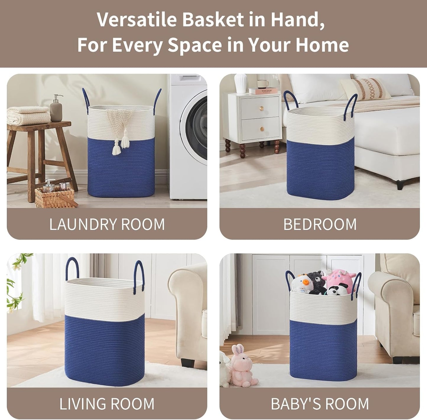 Laundry Basket with Handles - Blanket Basket & Hampers for Bedroom Aesthetic, Laundry Hamper & Blanket Storage for Living Room, Clothes Hamper, Tall, Large 17" x 14" x 23”, White & Dark Blue