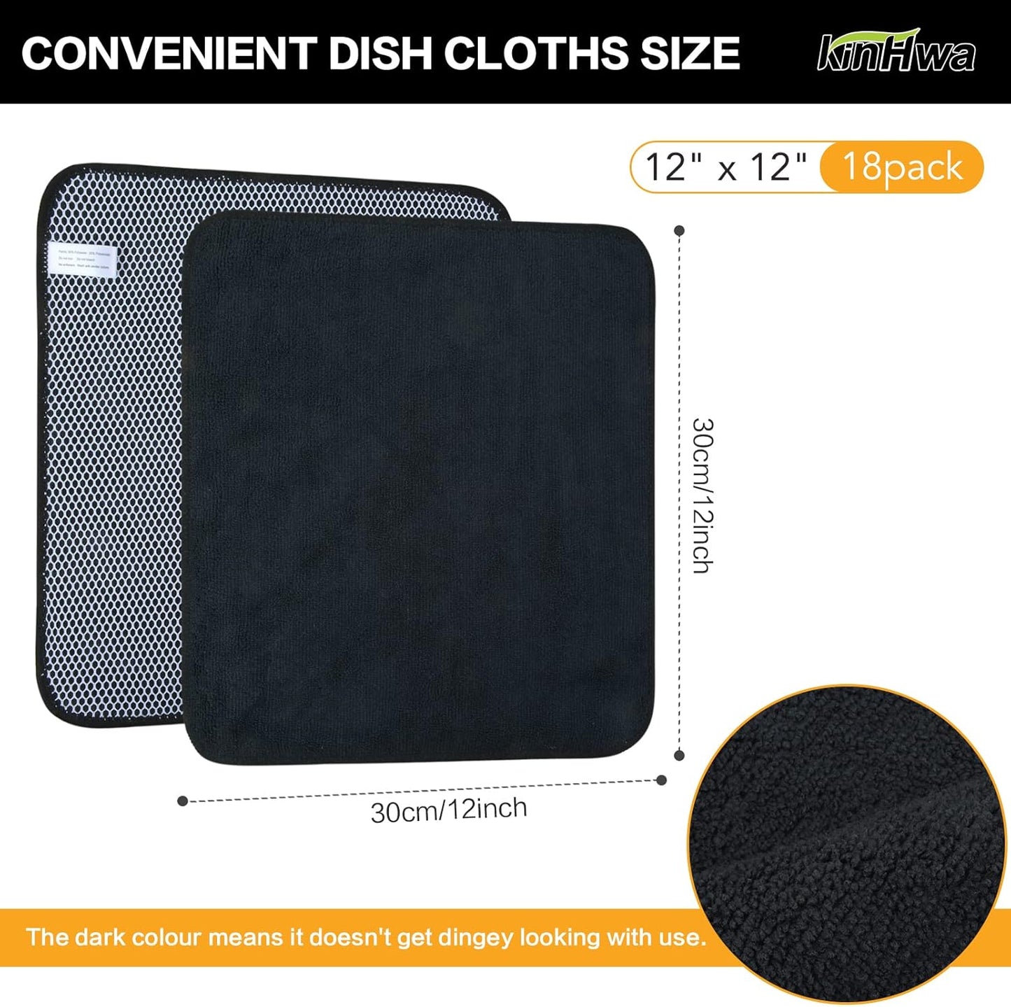 KinHwa Kitchen Washcloths for Dishes Absorbent Microfiber Dish Cloths Quick Dry Dish Rags with Poly Scour Scrub Side Ideal for Kitchen Cleaning (Black, 12inchx12inch 18 Pack)