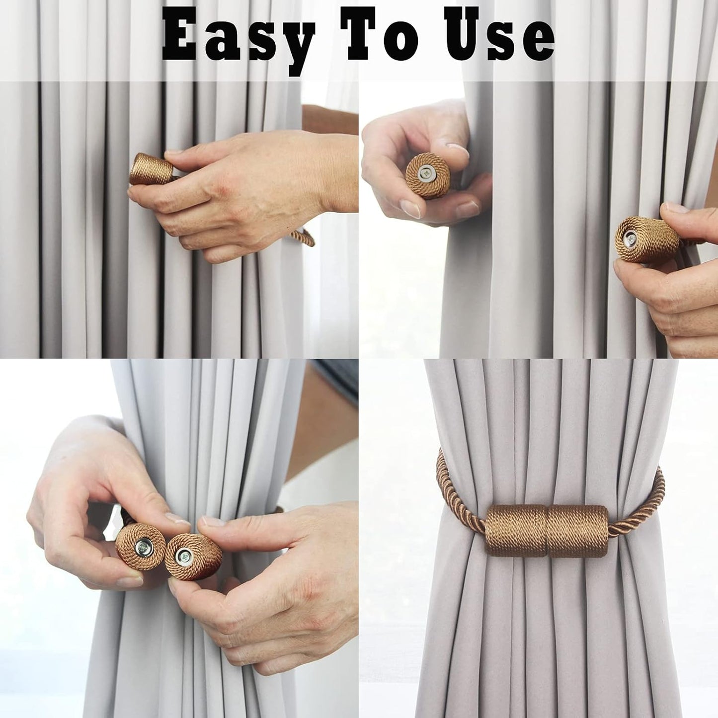 6 Pack Khaki Strong Magnetic Curtain Tiebacks Outdoor Elegant Decorative Tie Backs Modern Rope Tiebacks for Drapes Window Curtain Holdbacks for Draperies