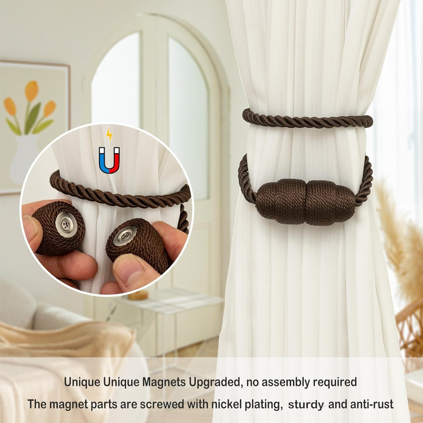 Magnetic Curtain Tiebacks Rope Tie Backs 4 Pack Decorative Window Holdbacks, Coffee
