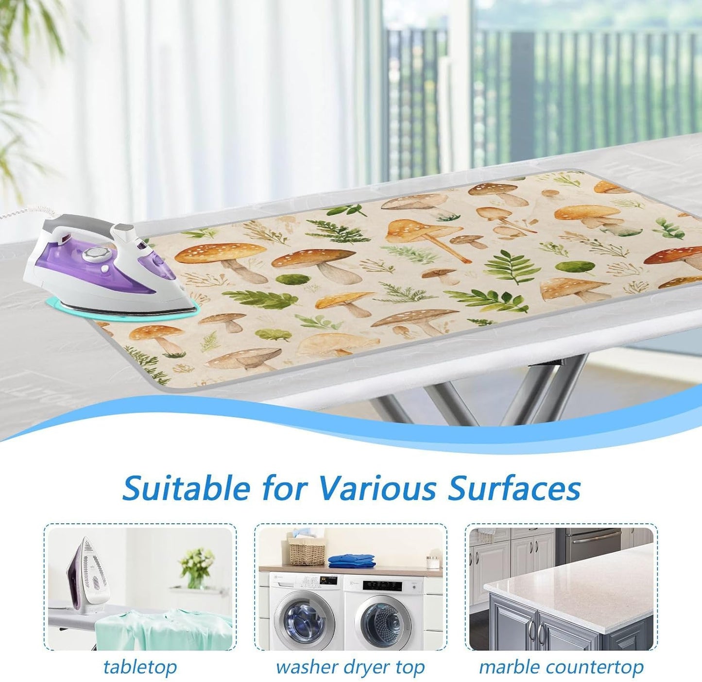 Ironing Mat Portable Ironing Pad Ironing Blanket for Table Top Heat Resistance Double-Side Using Travel Large 47.2 x 27.6 Inch Foldable Lightweight Watercolor Mushrooms Beige