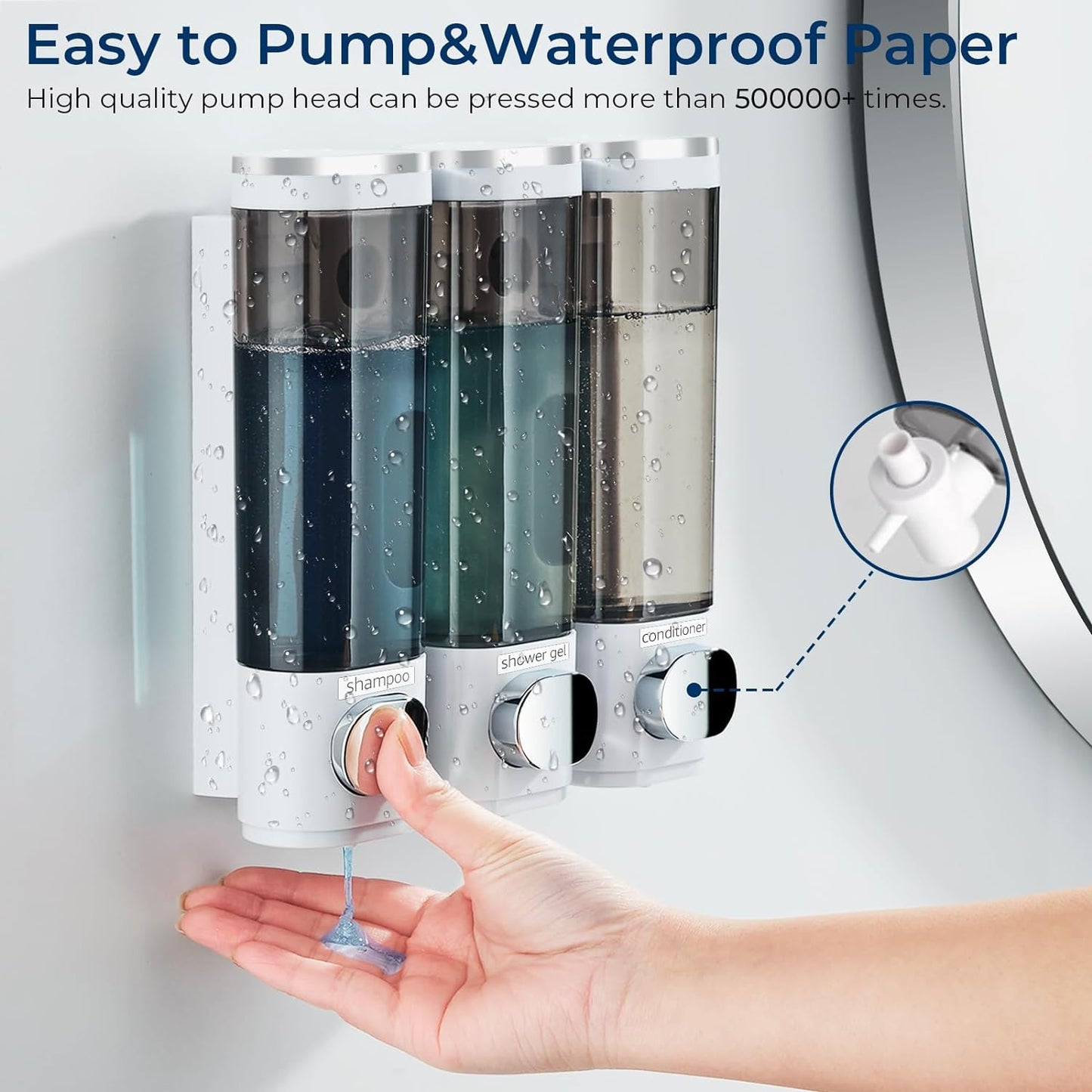 Shampoo and Conditioner Dispenser, Shower Soap Dispenser 3 Chamber No Drill Shampoo Dispenser for Shower Wall Mounted Shampoo Conditioner Body Wash Dispenser for Bathroom,Large Capacity,White