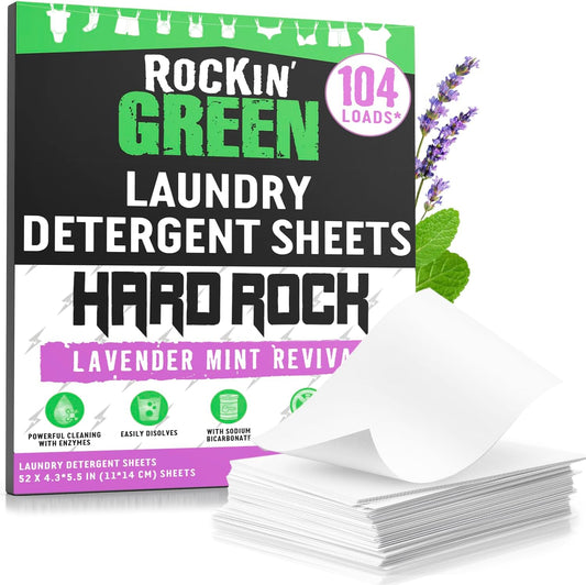 Rockin' Green Hard Rock Travel Laundry Detergent Sheets for Hard Water - Mess-Free Laundry Sheet Detergent with Sodium Bicarbonate - Easily Dissolvable Laundry Soap Sheets (104 Loads, Lavender Mint)