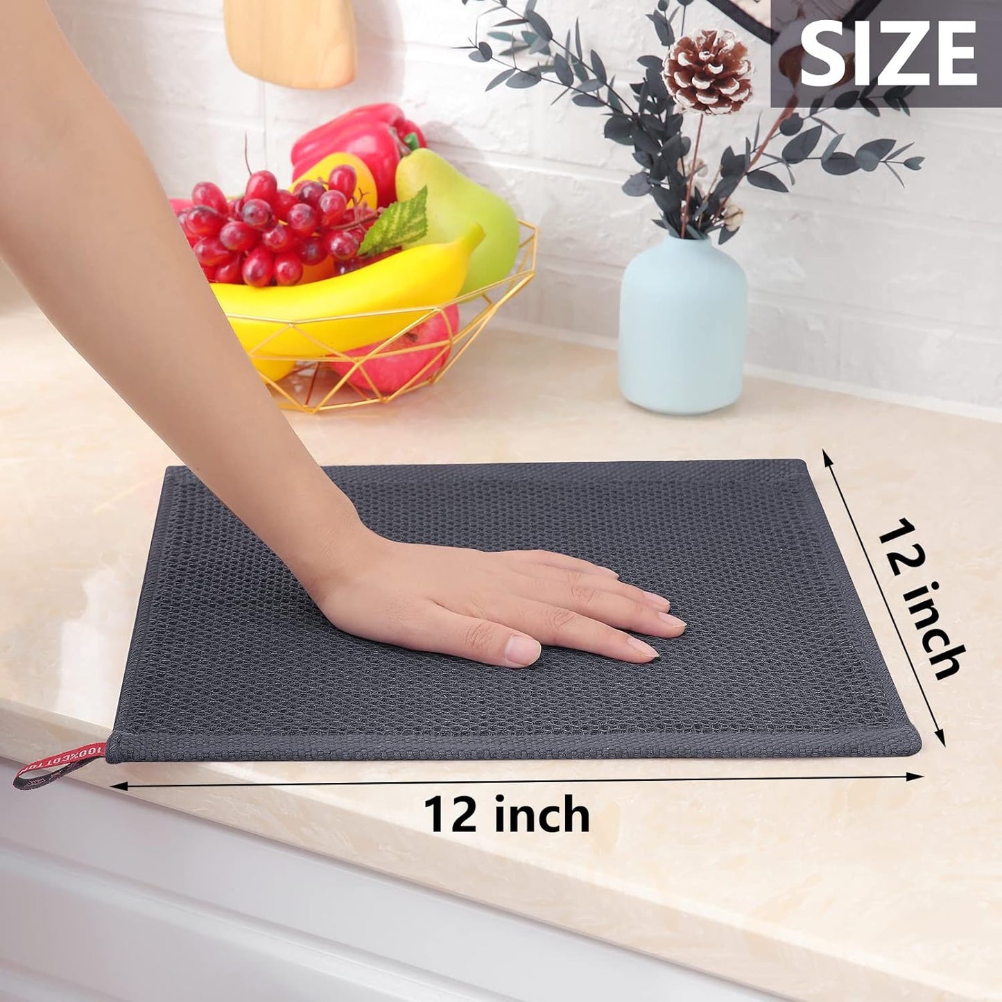 Homaxy 100% Cotton Waffle Weave Kitchen Dish Cloths, Ultra Soft Absorbent Quick Drying Dish Towels, 12 x 12 Inches, 12-Pack, Dark Grey