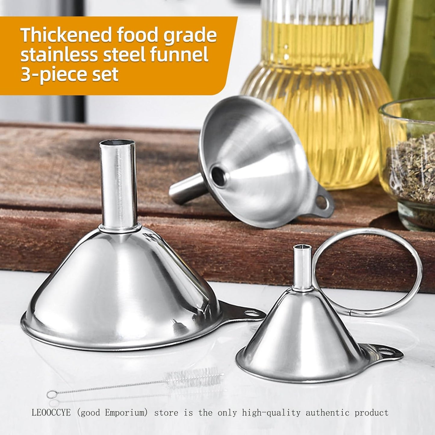 3 Pcs Stainless Steel Kitchen Funnel Made of Food-Grade Stainless Steel That withstands high and Low temperatures Perfect for Storing Liquids and Kitchen Spices or Powders Send a Cleaning Brush