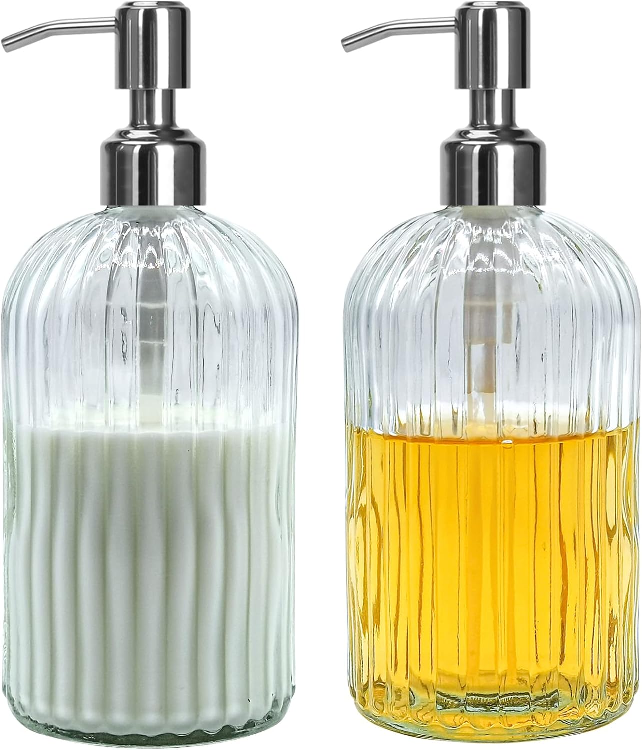 Clear Glass Soap Dispenser 18 oz, 2 Pack Hand Dish Soap Dispensers Bathroom with Stainless Steel Pump, Refillable Kitchen Liquid Decorative Bottles for Hand Sanitizer, Lotion