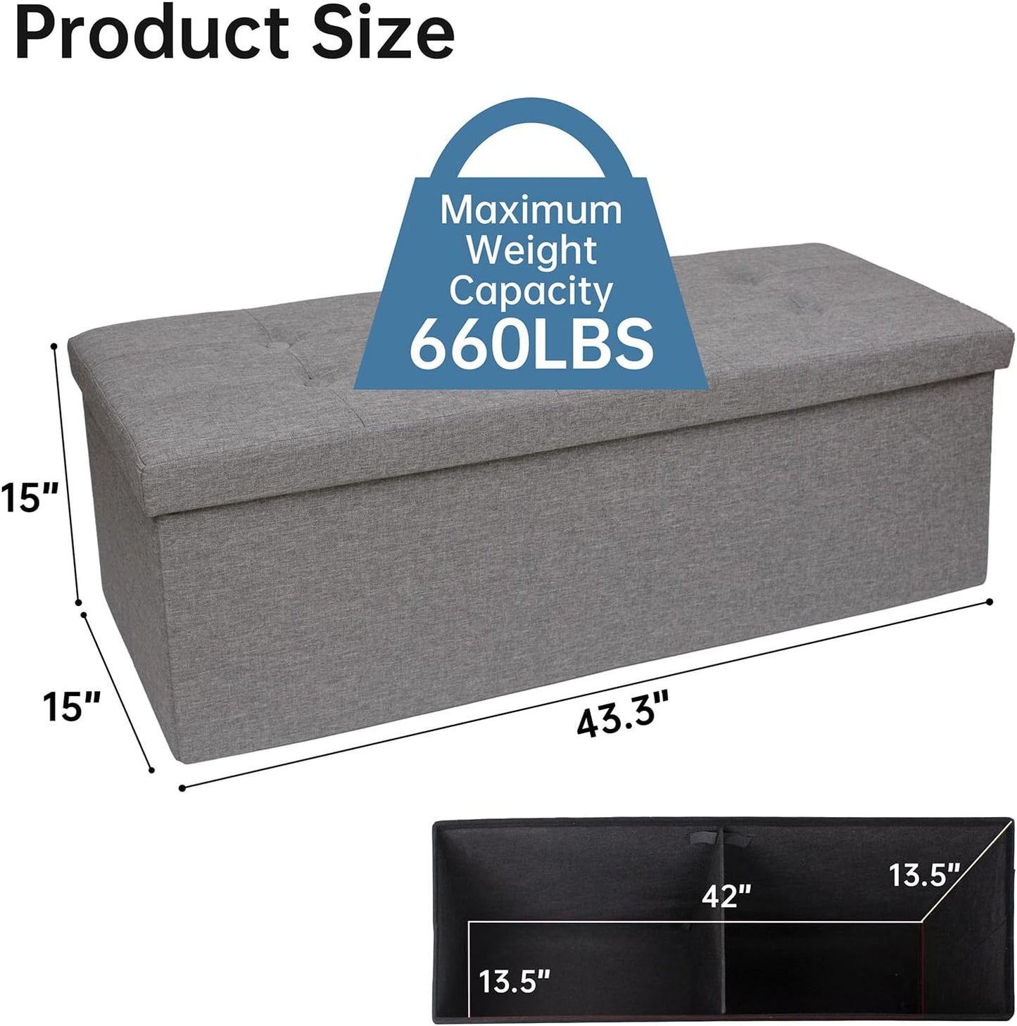 GLAXYFUR 43.3 inches Folding Storage Ottoman Bench Storage Chest Footrest for Bedroom, Entryway and Living Room, Holds up to 660 lb Dark Grey