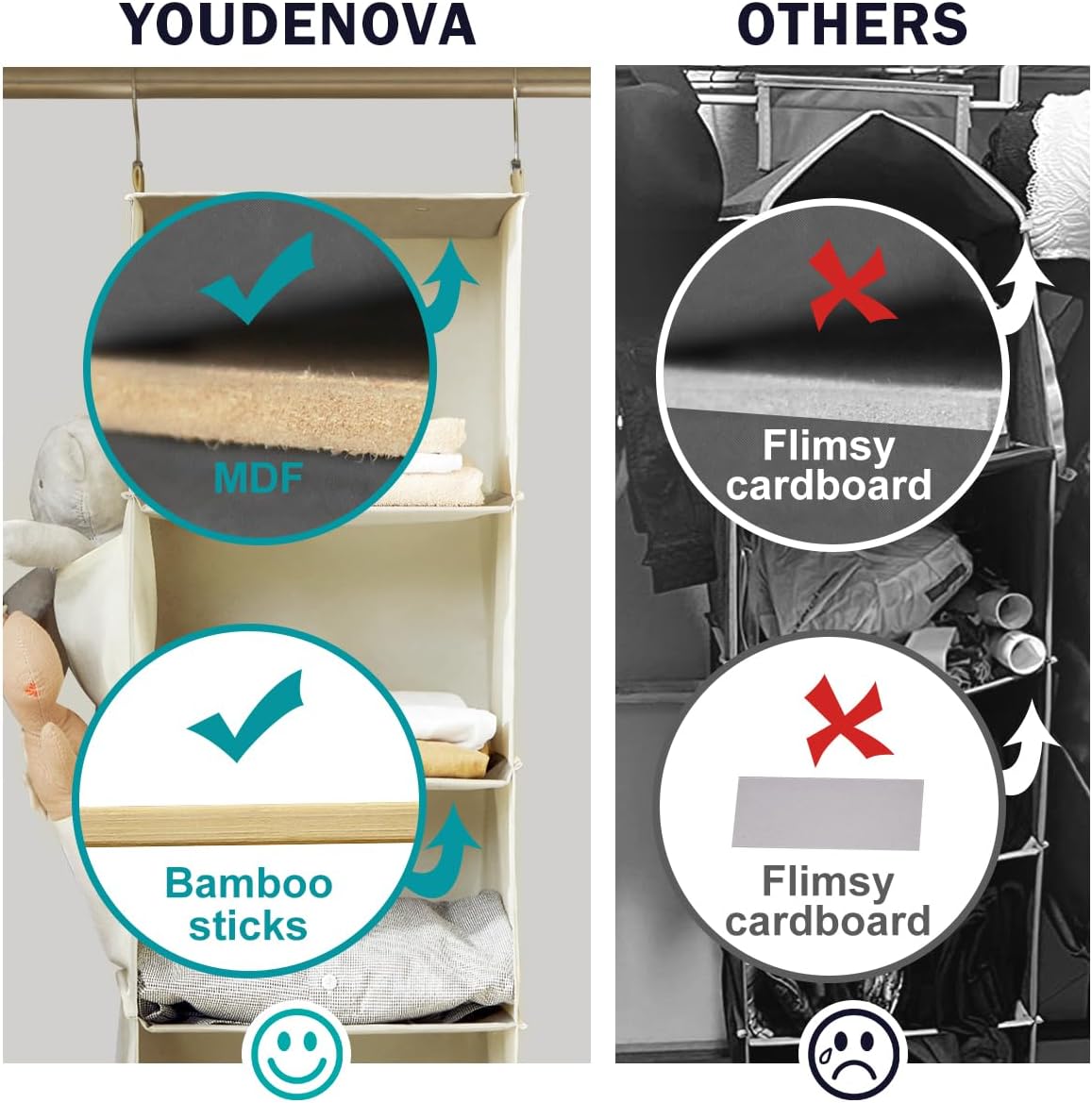 YOUDENOVA Hanging Closet Organizer, 6-Shelf Closet Hanging Storage with Side Pockets, Beige