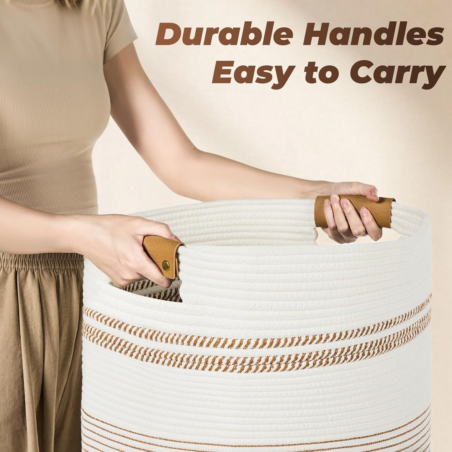 Laundry Basket with Handles - Blanket Basket & Hampers for Bedroom Aesthetic, Laundry Hamper & Blanket Storage for Living Room, Clothes Hamper, Tall, Large 17" x 14" x 22”, Brown & White