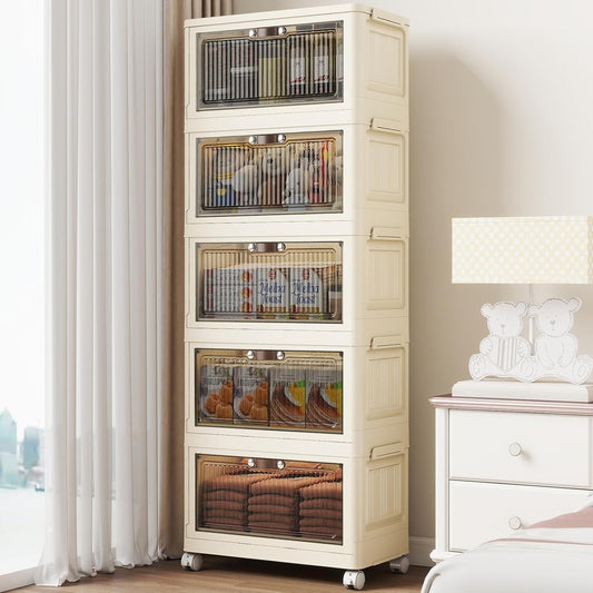 5 Tier - 34QT Storage Bins with Lids, Collapsible Storage Bins with Doors and Wheels, Plastic Storage Cabinet for Easy Storage and Organization for Living Room, Office