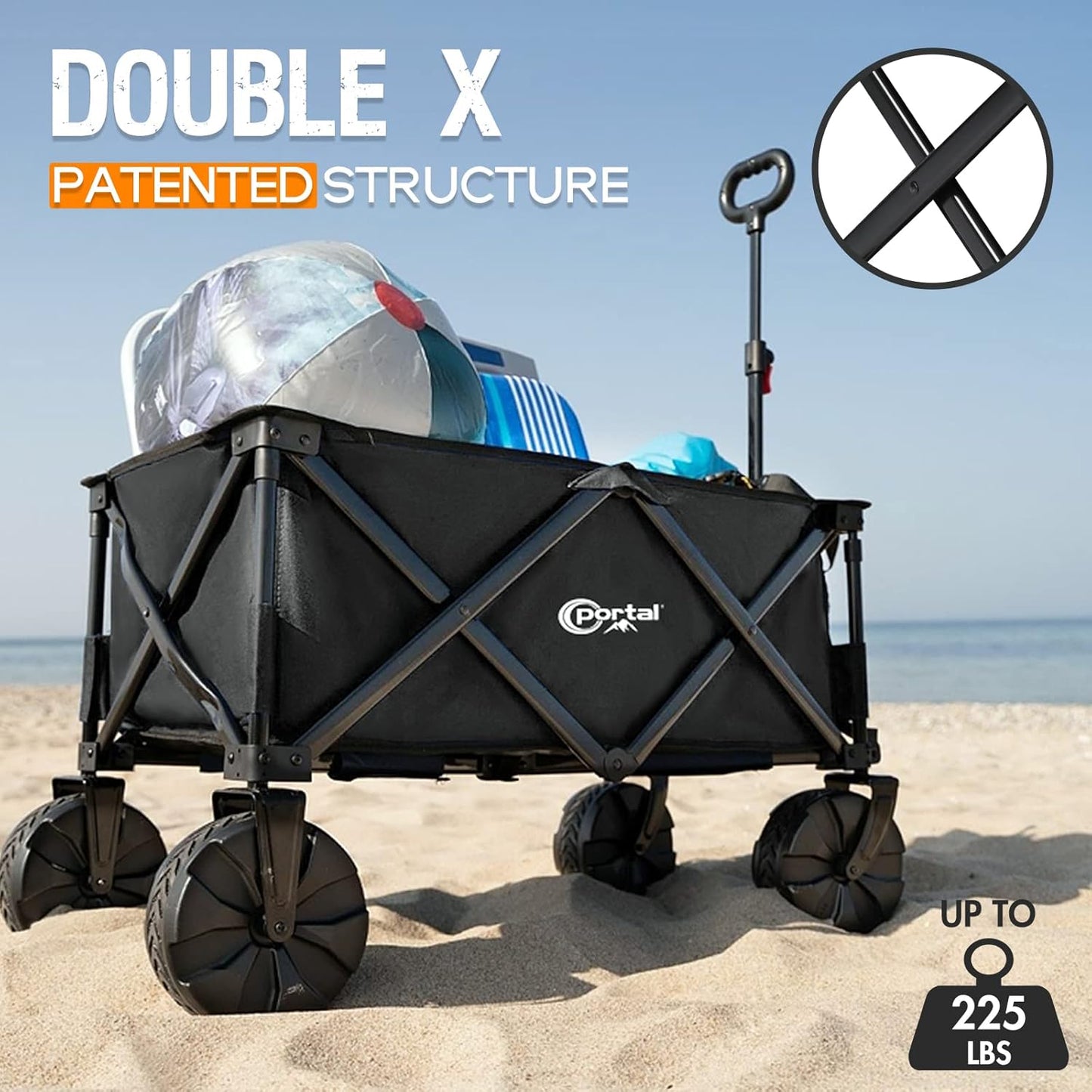 PORTAL Collapsible Folding Utility Beach Wagon Carts Heavy Duty with All Terrain Wheels for Outdoor, Camping, Garden, Shopping, Groceries, Foldable, Large Capacity, Portable, Black