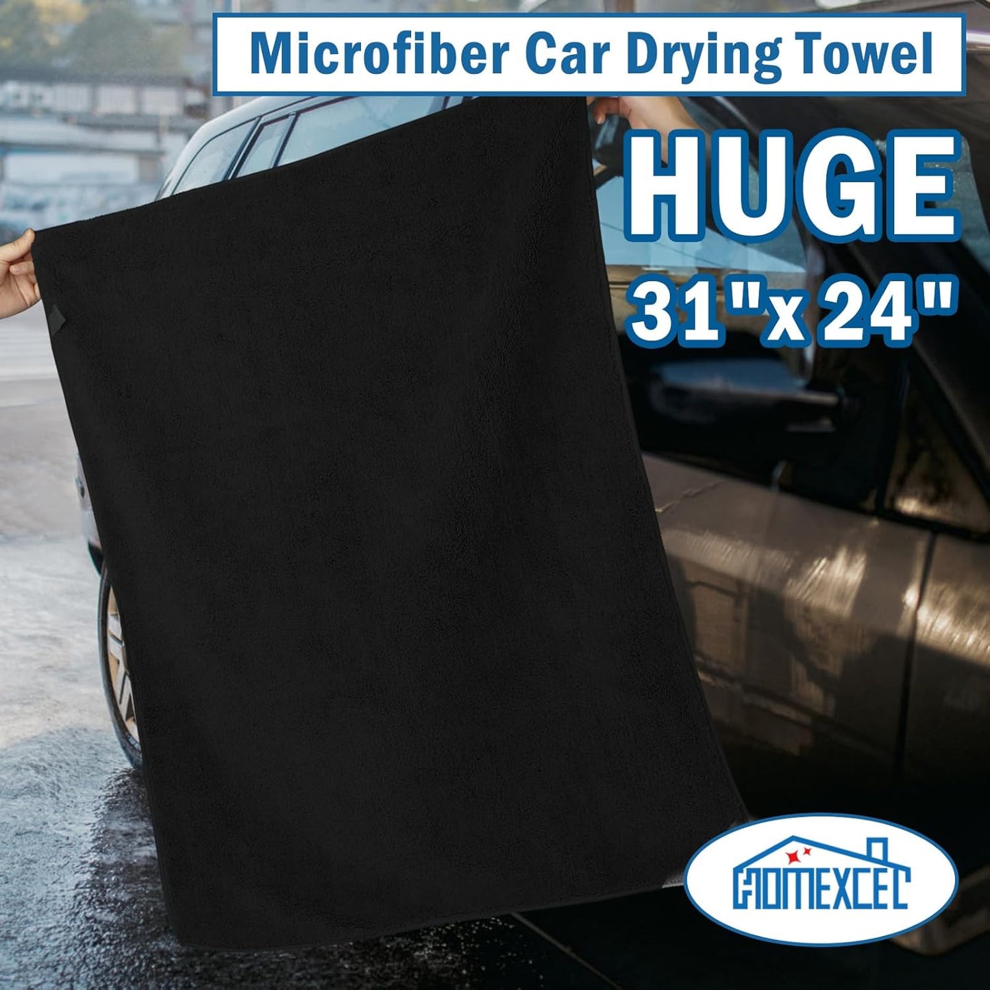 HOMEXCEL Professional Large Microfiber Car Drying Towels 4 Pack, Lint Free, Scratch Free, Highly Absorbent Drying Towel for Cars, SUVs, RVs, Trucks, and Boats,31" x 24 ", Black