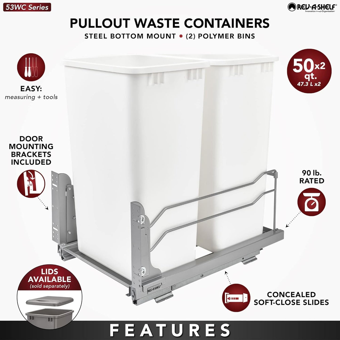 Rev-A-Shelf Double Pullout Trash Cans for Full Height Kitchen Cabinets 50 Quart 12.5 Gallon with Soft-Close Slides, White, 53WC-2150SCDM-211