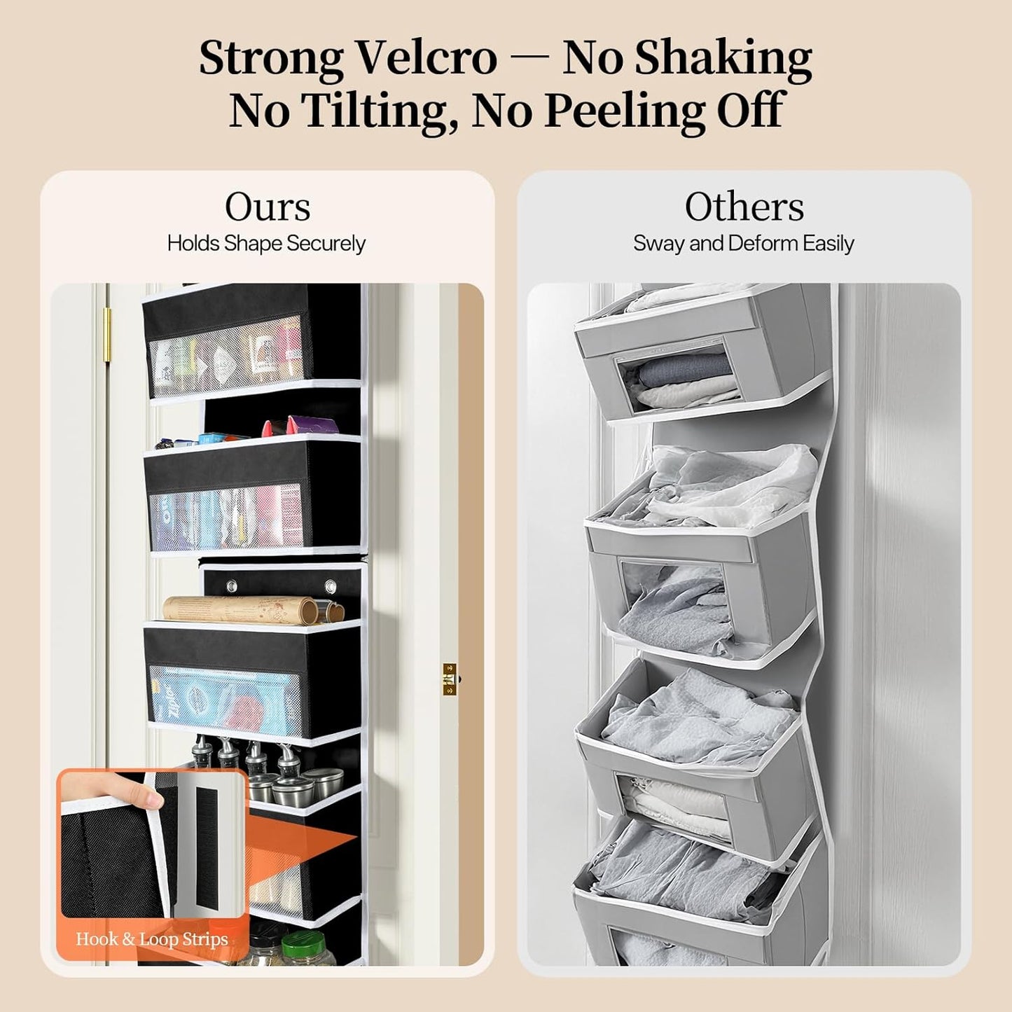 LAMU 6-Tier Over The Door Organizer, Swing - Proof Closet Door Organizer, Flexible 1 Split into 2 Over The Door Storage Organizer for Nursery, Bathroom, Bedroom, Black, 5 x 14 x 61in