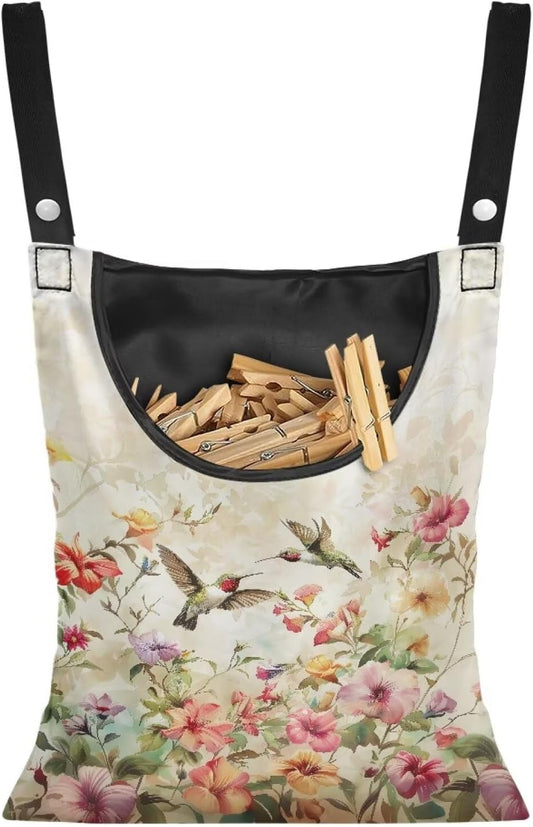 Hummingbird Pink Clothespin Bag, Large Clothes Pin Hanging Bag, Pin Bag with Large Opening for Clothes Lines Outside Yard Home Decoration