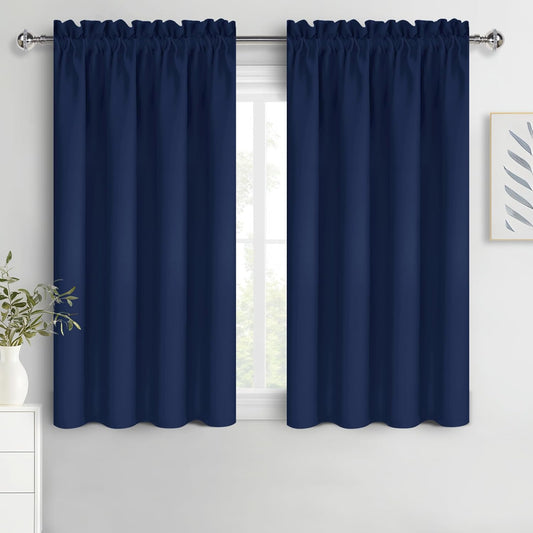 DWCN Short Blackout Curtains for Bedroom 54 Inches Long 2 Panels Set, Solid Thermal Insulated Energy Saving Window Treatment Drapes, Rod Pocket Curtains for Kids Boys Room (W52 x L54 Inch, Navy Blue)