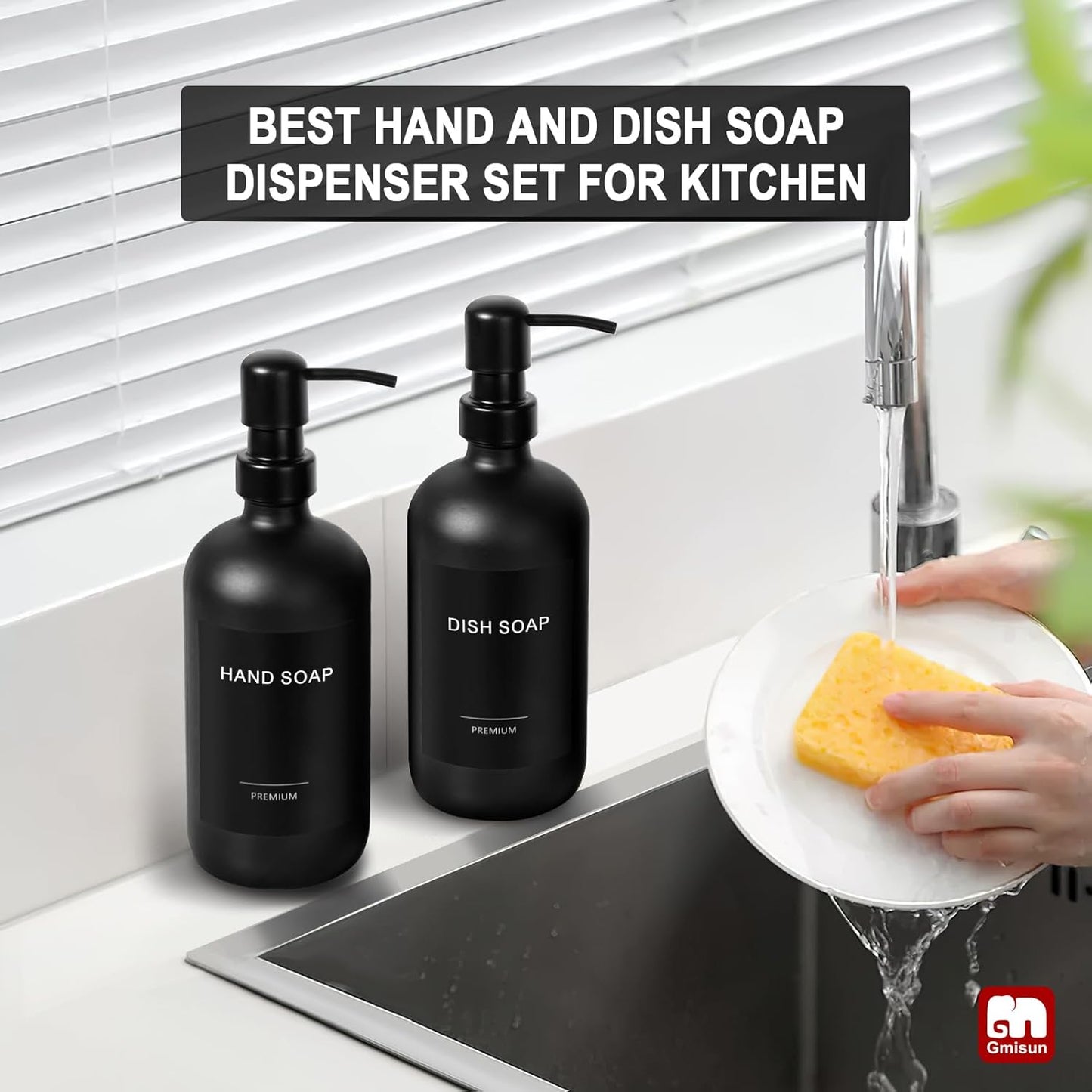 GMISUN Black Soap Dispenser, 2 Pack Matte Black Hand Soap Dispensers Bathroom with Stainless Steel Pump, 17 Fl Oz Glass Dish Soap Dispenser Set for Kitchen, Modern Liquid Soap Bottle with Labels