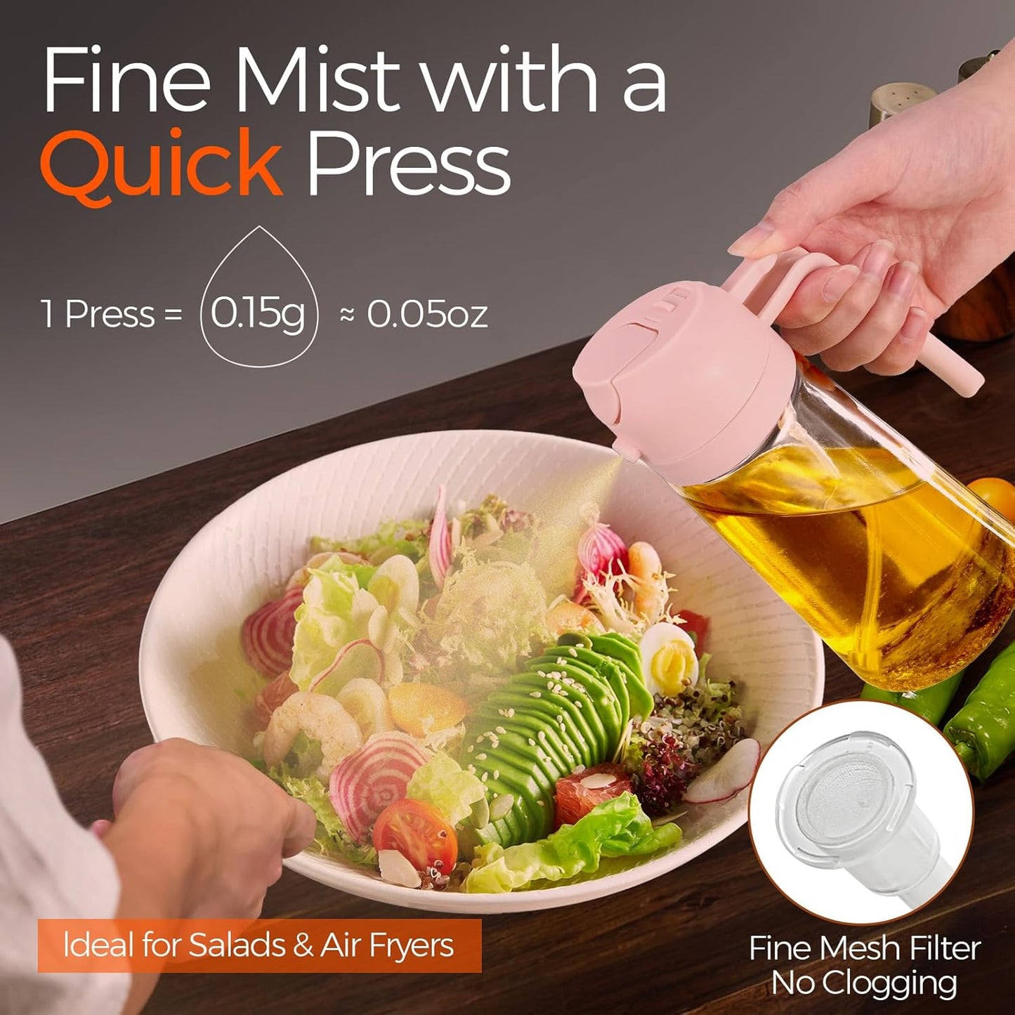 YARRAMATE 16oz/470ml Glass Olive Oil Sprayer for Cooking with Stickers, 2 in 1 Oil Dispenser for Kitchen Gadgets, Food Grade Premium Spray Bottle for Salad, Frying, BBQ (PeachPink)