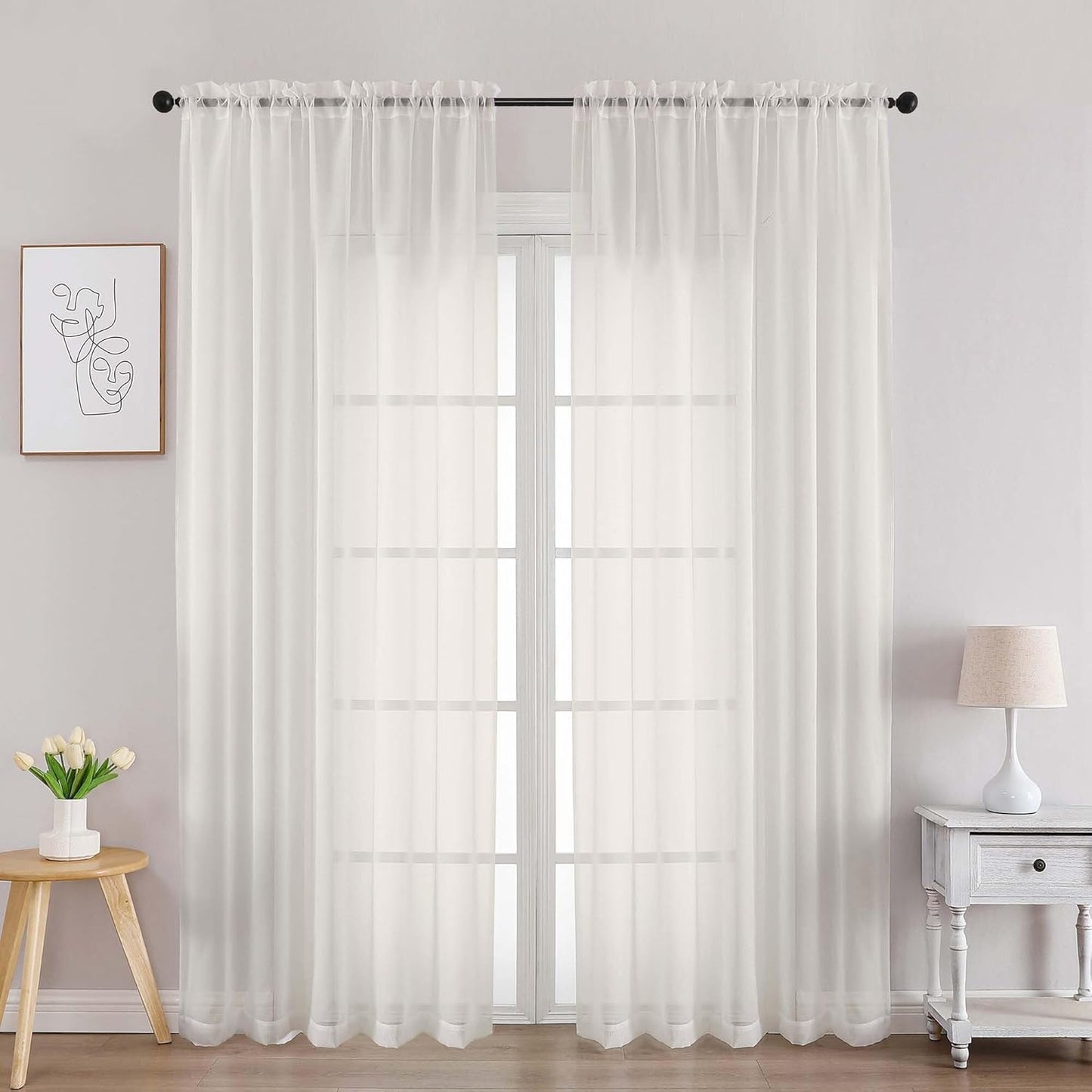 Chyhomenyc Ivory Sheer Curtains 84 Inches Long 2 Panels, Light Filtering Ivory Curtains for Living Room, Soft Gentle Voile Rod Pocket Bedroom Window Drapes, 59Wx84L Inch, 2PCS