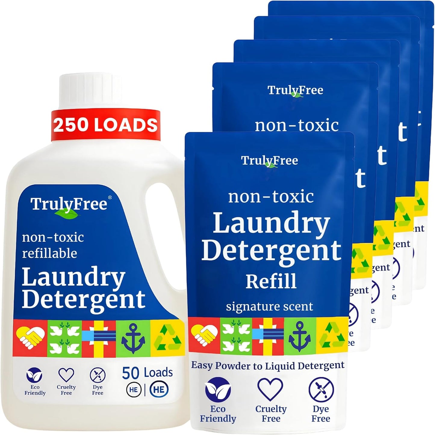 Truly Free Natural Laundry Detergent for Sensitive Skin | Eco Friendly, Plant Based, Baby Clothes Safe | Clean & Easy Powder to Liquid, 5 Pack Detergent + 1 Refillable Jug | Signature Scent 250 Loads
