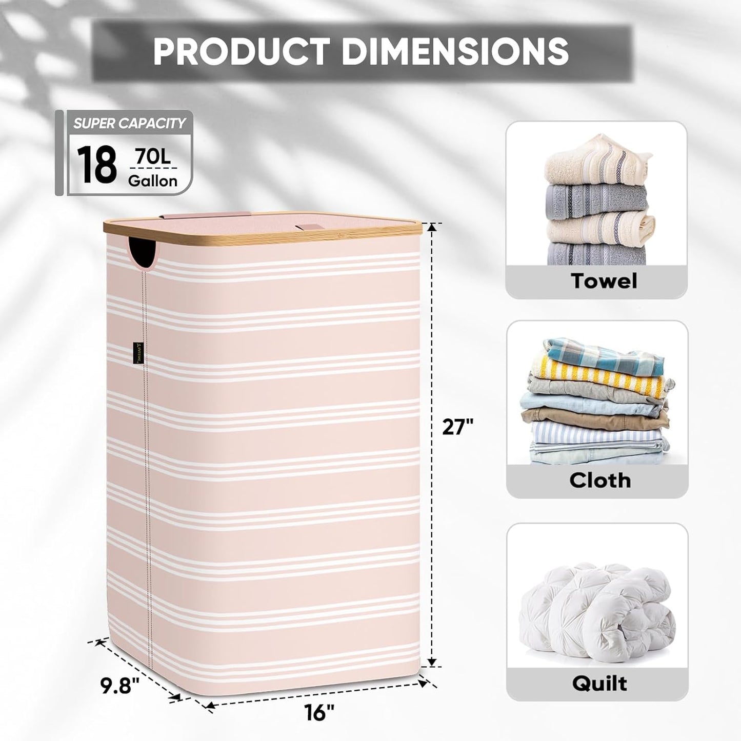 BALEINE Laundry Hamper with Lid, Tall Laundry Baskets with Bamboo Pull Handles, Large Laundry Bin with Internal Support (18 Gal/70L, Pink Pinstripe)