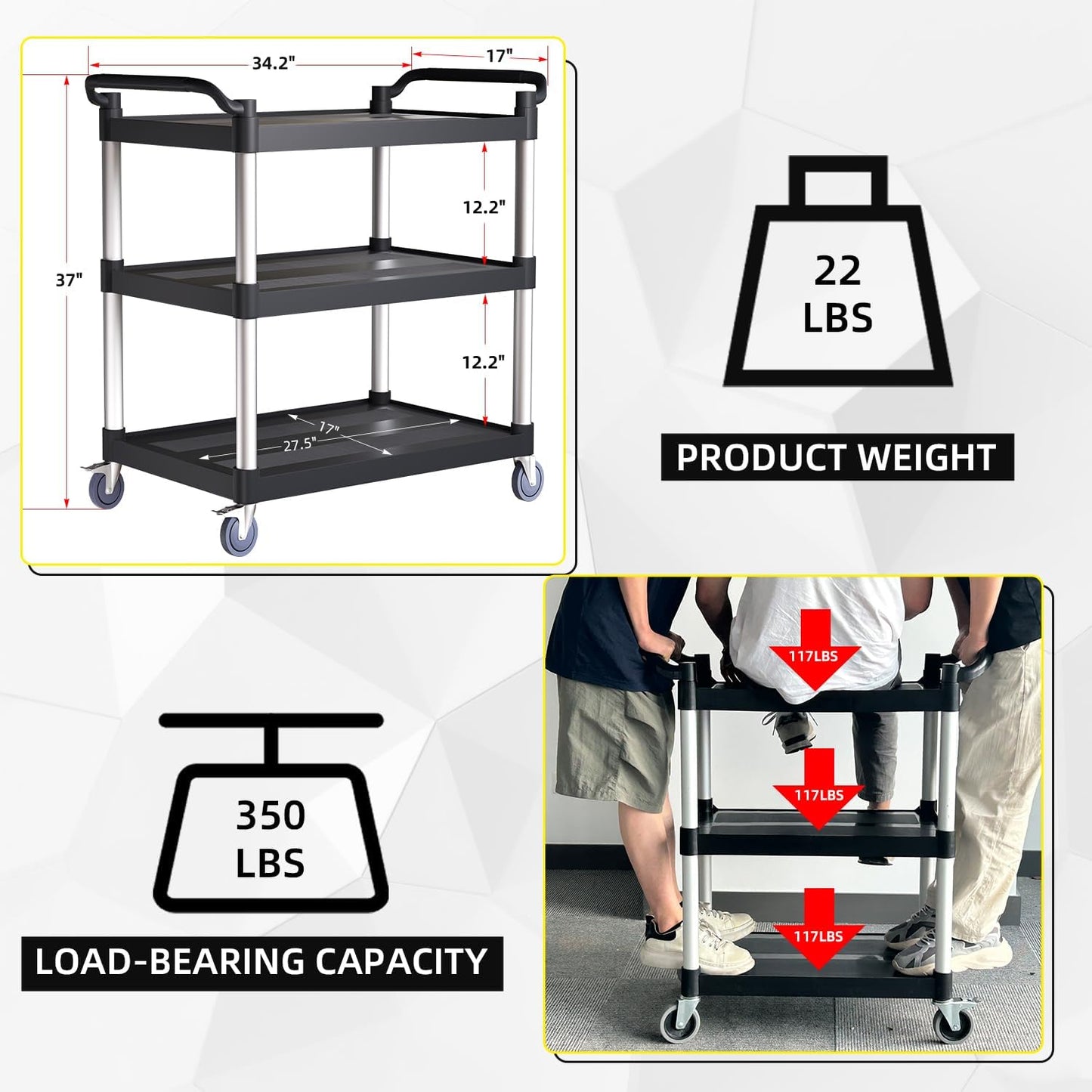 Plastic Utility Cart with Anti-Tangle Wheels, Solid Armrests, 350 Lbs Heavy Duty Capacity, 3-Tier Rolling Serving Cart for Home, Office, Restaurant, Warehouse.34.2" × 17" × 37"