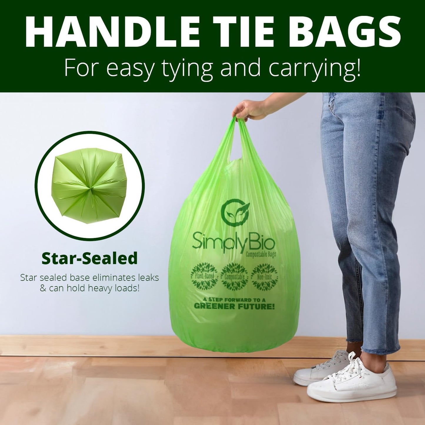 Simply Bio 13 Gallon Compostable Trash Bags Liners with Handle-Tie, Thick 0.87 Mil, 49.21 Liter, 30 Bags, Tall Kitchen Food Scrap Waste Bag, ASTM D6400, US BPI and OK Compost Home Certified