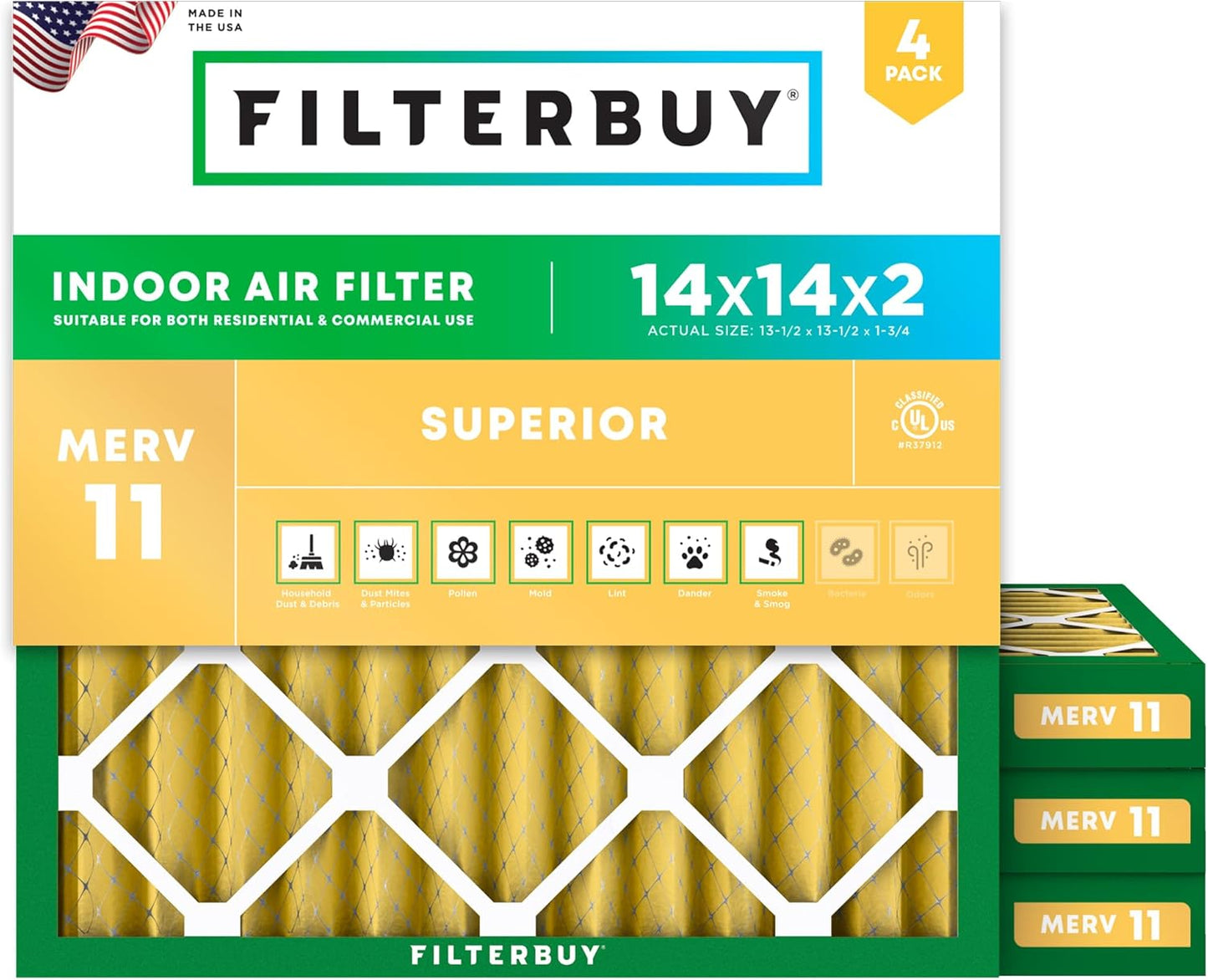 Filterbuy 14x14x2 Air Filter MERV 11 (MPR 1200) Allergen Defense Replacement (4-Pack), Electrostatic Pleated HVAC AC Furnace Filters, Made in USA (Actual Size: 13.50 x 13.50 x 1.75)