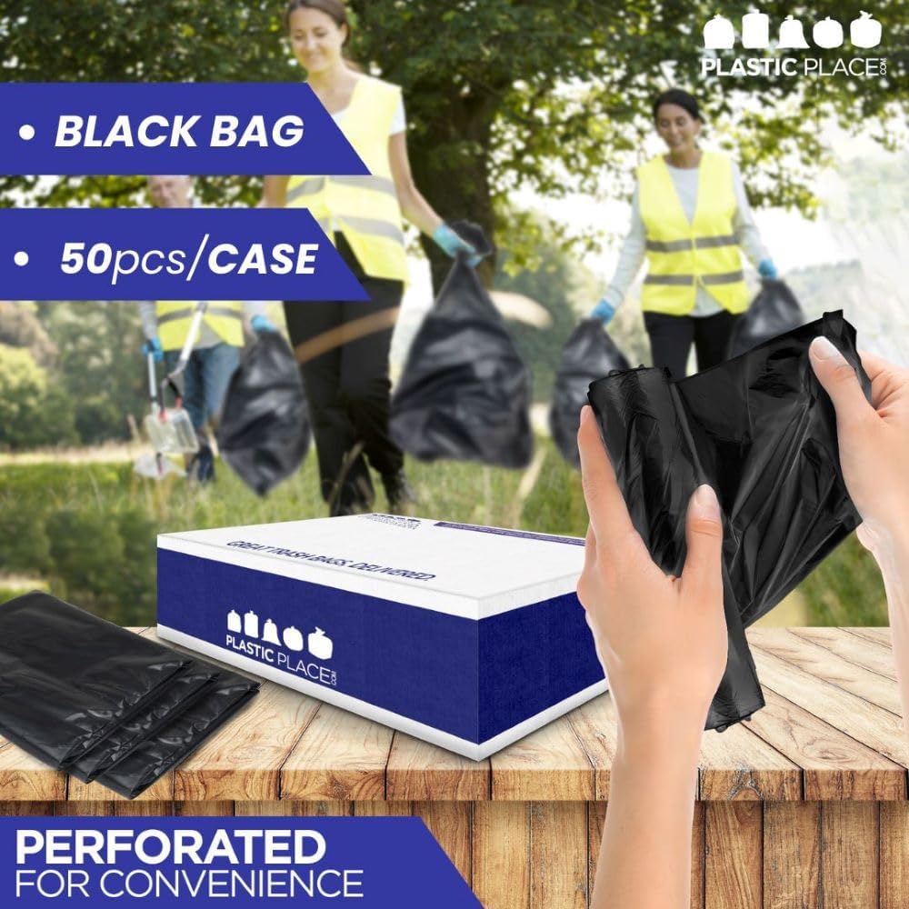 Plasticplace Contractor Trash Bags 33 Gallon - 3.0 Mil, Heavy Duty Garbage Bag 33” x 39”, Black, 50 Count