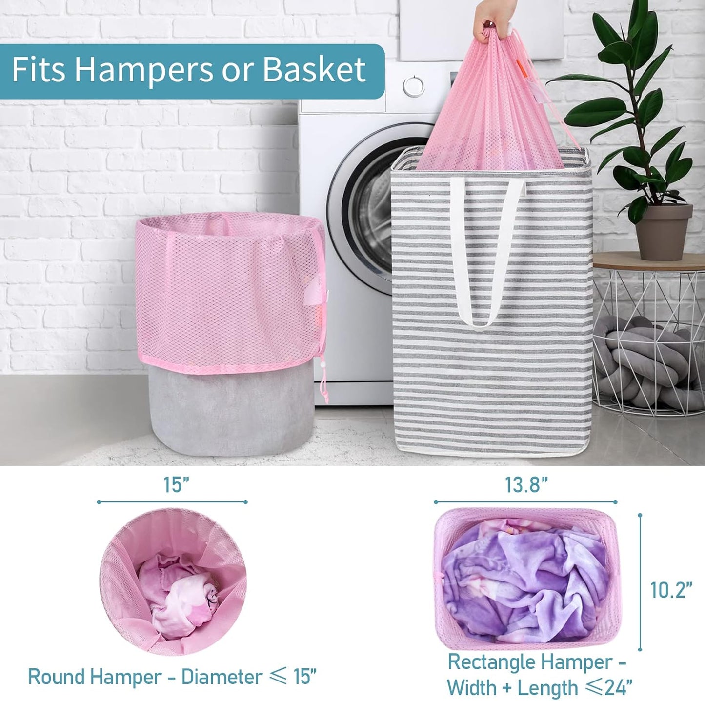 Polecasa Heavy Duty Large Mesh Laundry Bags with ID Tag and Locking Drawstring Closure - 2 Pack, 24 x 36 inches - Laundry Hamper Liner, Washable Laundry Bag for Travel, Sports, Dorms (Pink)