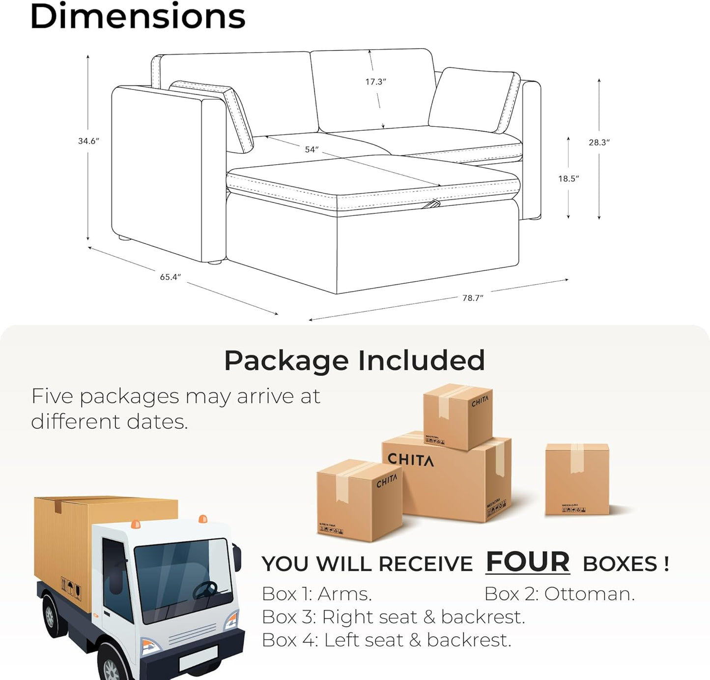 CHITA Modular Sectional Sofa, FSC Certified L Shaped Couch with Reversible Chaise, Modular Sectional Couch for Small Space, 78 Inch Width, 3 Seat Modular Sofa with Storage Ottoman, Linen