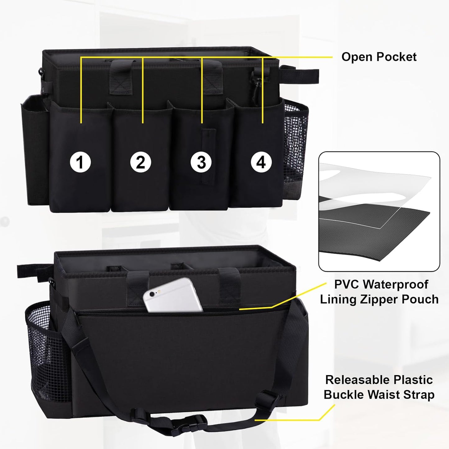 Wearable Large Cleaning Caddy Bag for Housekeeper, Clean Supply Organizer with Adjustable Shoulder, Waist & Handle Straps, Detailing Bag for Kitchen Supplies (Black)