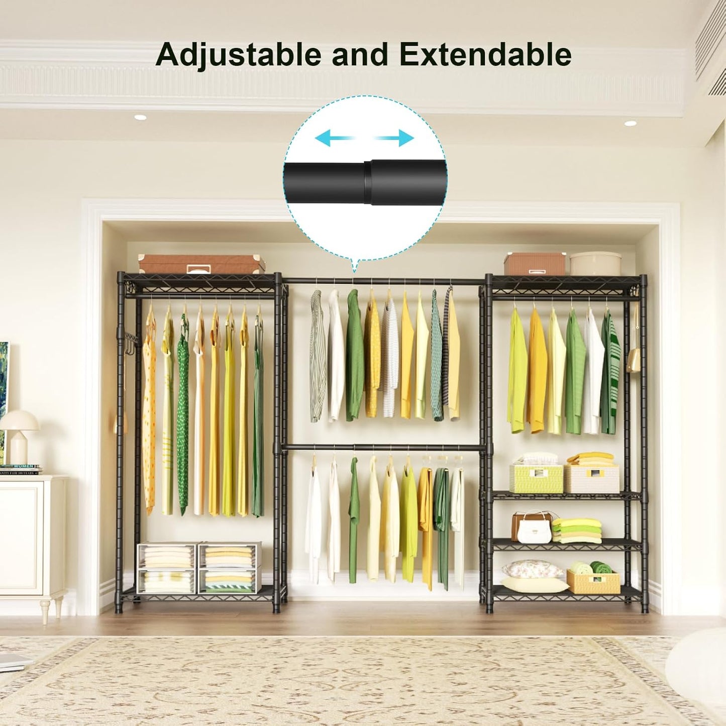 Ulif E1 Heavy Duty Closet Garment Rack, 6 Tiers Adjustable Metal Freestanding Expandable Clothing Storage with 4 Hanger Rods, Easy to Assemble Wardrobe, 71.4" H x (70" - 88.2") L x 14" D, Black