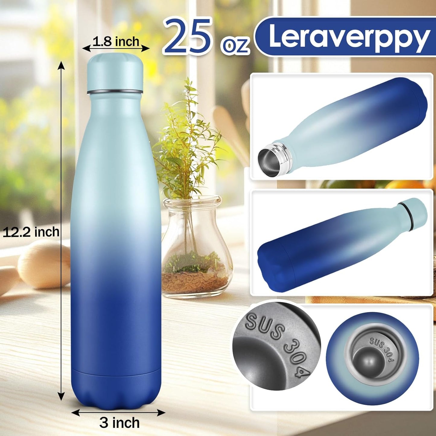 25oz Cola-Bottle Shaped Stainless Steel Leak-proof Water Bottle,Double Wall Vacuum Insulated Metal,Travel Mug For Sports Indoors & Outdoors,BPA-Free Kids Flasks,Green Blue(2 Pack)