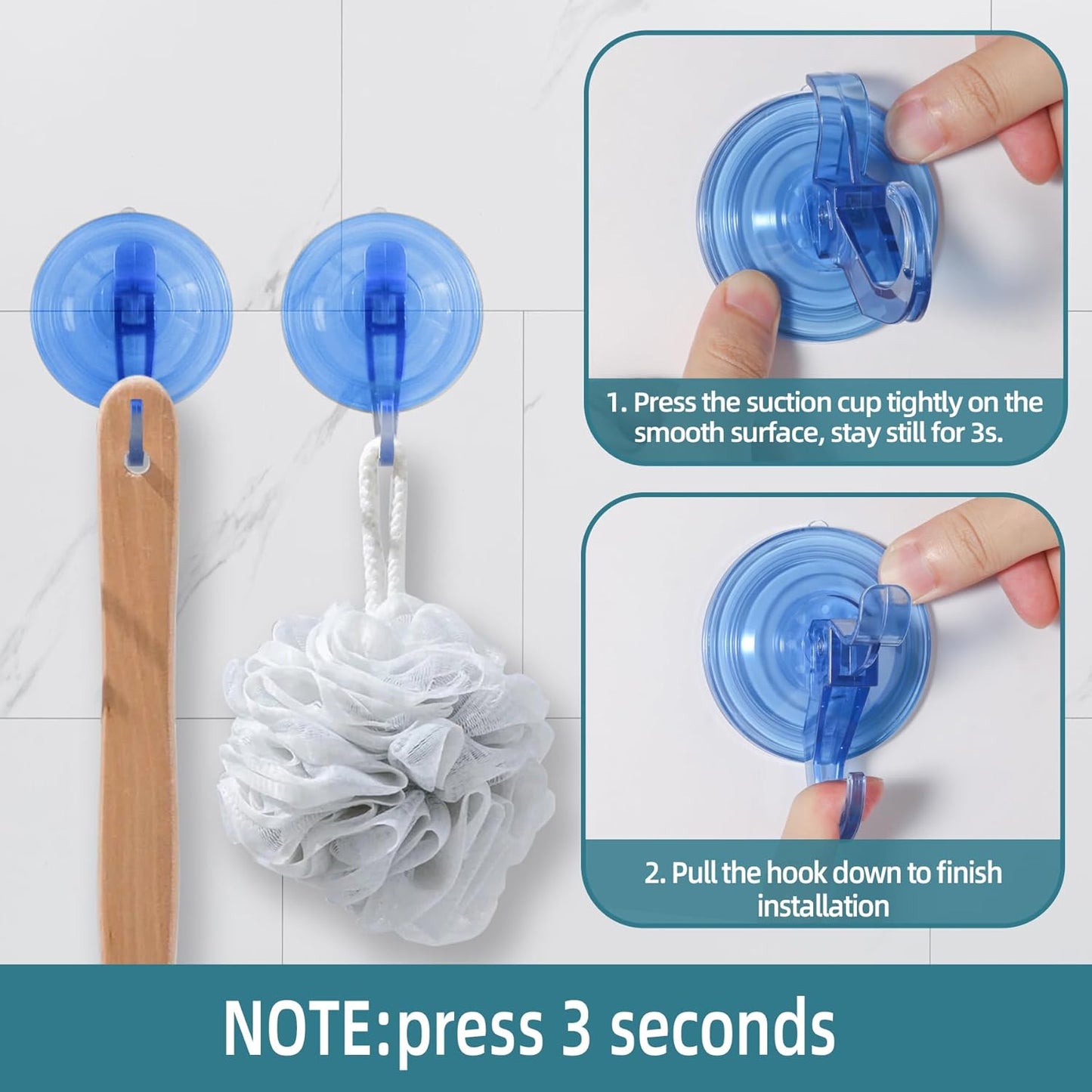 Antimbee Suction Hooks, 5 Pack Clear Hanger, Removable Small Suction Cups for Shower, Bathroom, Glass, Door, Windows, Kitchen - Up to 11 lbs on Smooth Surface - 2 Hooks Design (Transparent Blue)