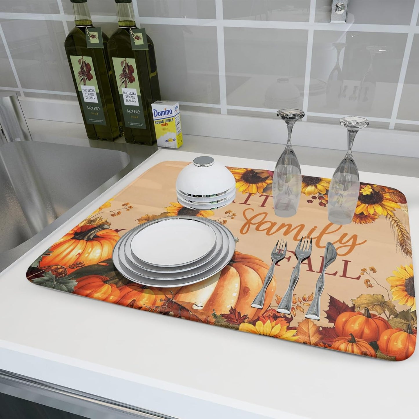 Fall Pumpkin Sunflower Dish Drying Mat 18”x24” Faith Family Fall Drying Mat for Kitchen Counter Absorbent Autumn Orange Pumpkins Thanksgiving Dishes Pad Drainer Mat Protector for Kitchen Fast Dry