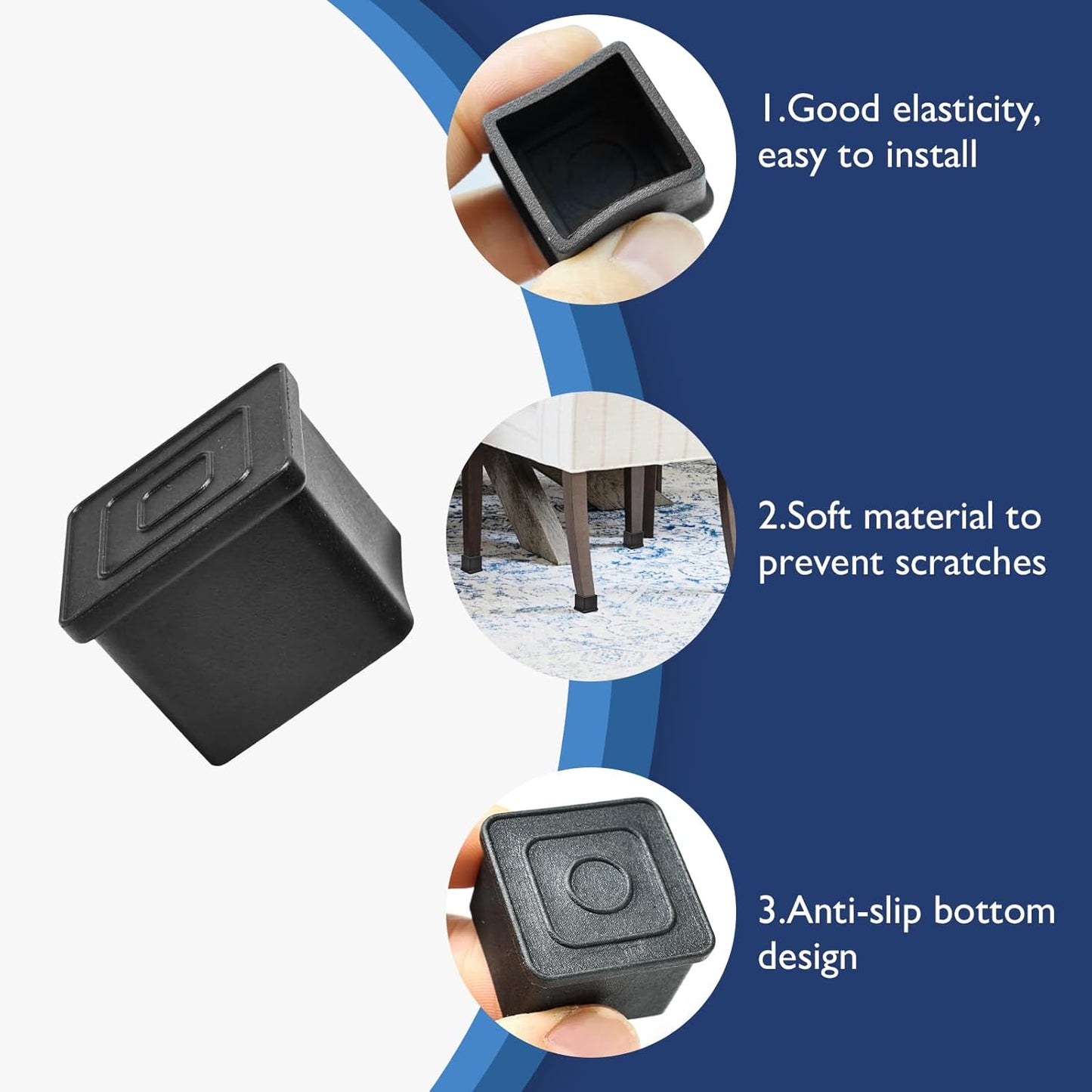 4 Pcs 4" x 4" Square Rubber Chair Leg Caps, PVC Table Leg Covers, Flexible & Anti-Slip Furniture Leg End Caps, Chair Leg Floor Protectors for Bar Stool Leg Patio Indoor, Black