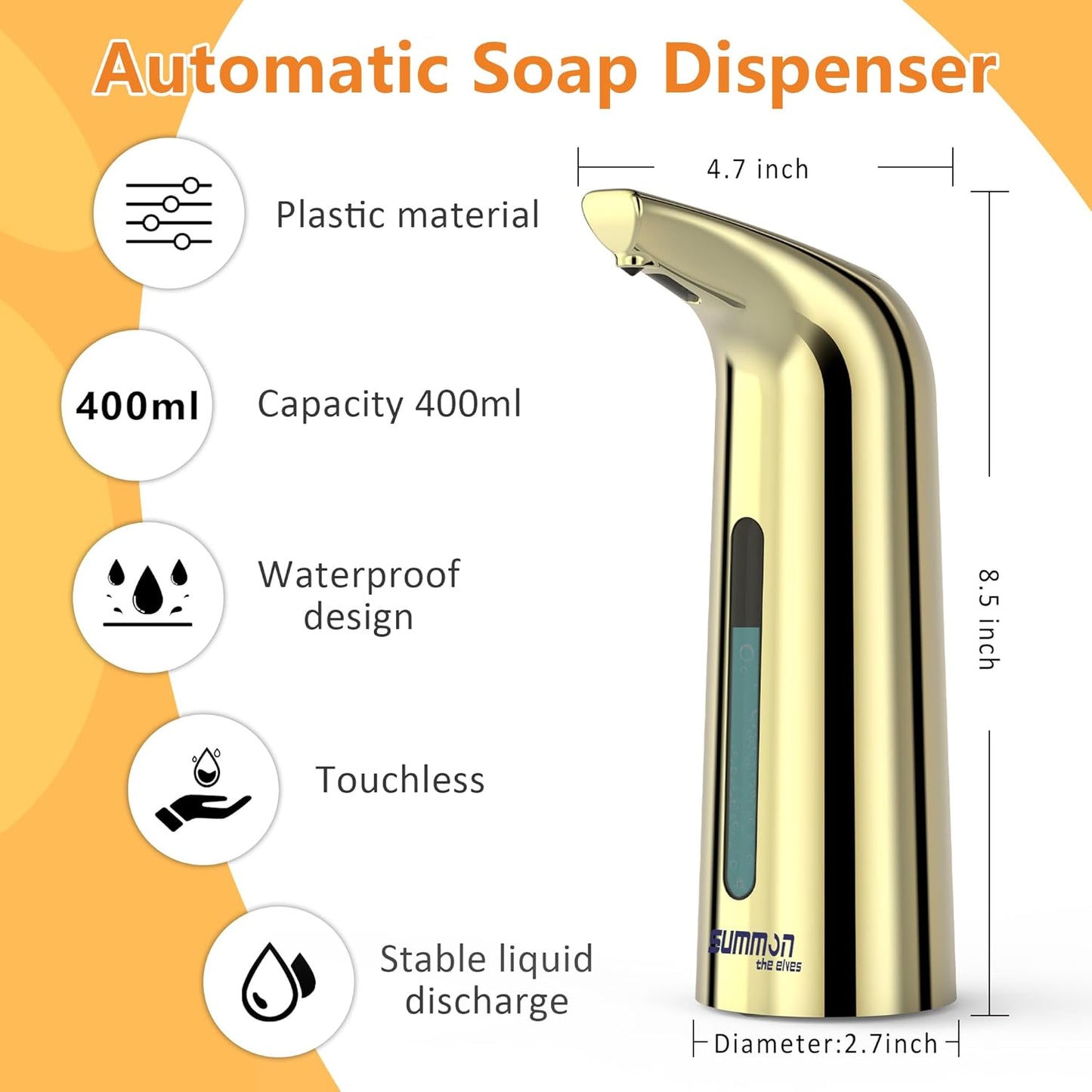 Automatic Liquid Soap Dispenser Touchless,400ML Hand & Dish Countertop Gold Electric Dispenser with Sensor,Modern 4 Gear Adjustable Waterproof Battery Operated Kitchen Auto Soap Pump