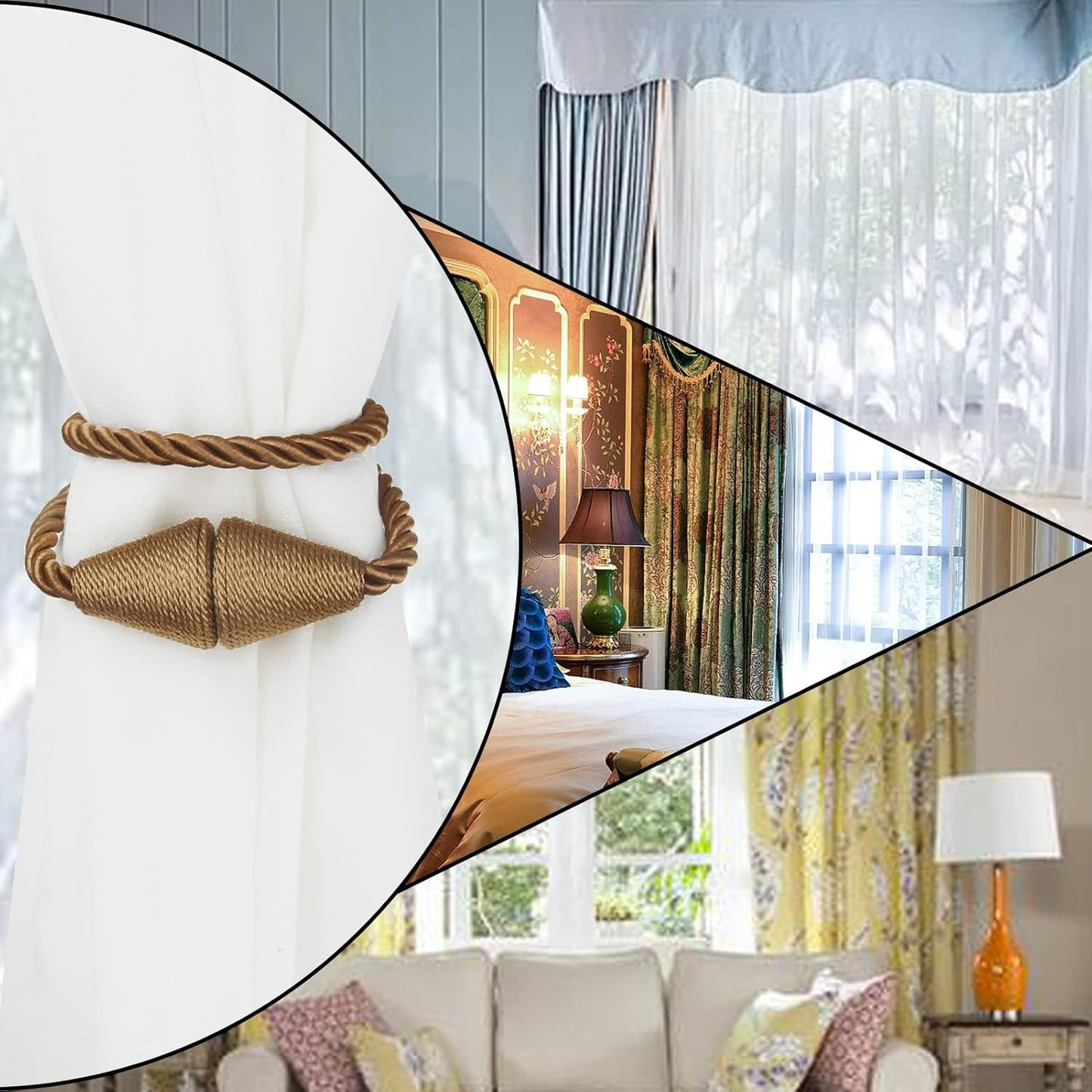 4 Pack Magnetic Curtain Tiebacks Rope Modern Handmade Curtain Tie Backs Decorative Drapes Weave Holdbacks for Window Décor, Khaki