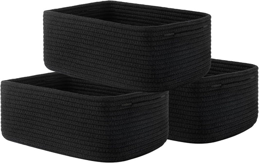 Small Woven Basket, 13.5 x 9.5 x 5 Inches, Storage Basket for Organizing, Cute Small Rope Shelf Closet Cube Storage Bins Baskets for Shelves, Dog Toy Gift Baskets Empty, 3 Packs, Black