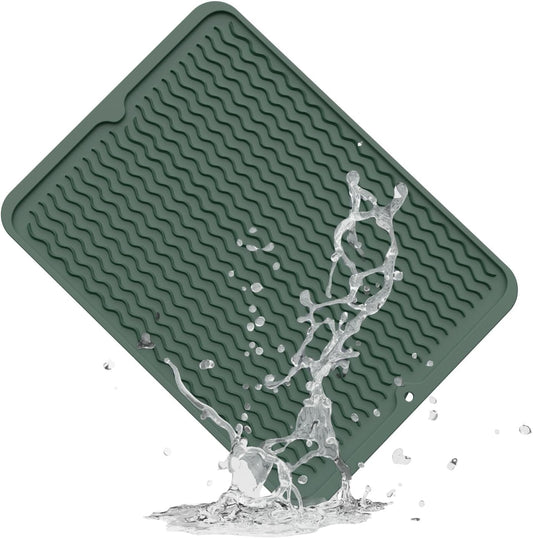 ZLR Silicone Dish Drying Mat for Kitchen Counter, Eco-Friendly Fast Dry Dish Mat, Easy Clean Multi Usage Drying Matt, Heat Resistant Trivet, 12" x 16" Large, Dark Green