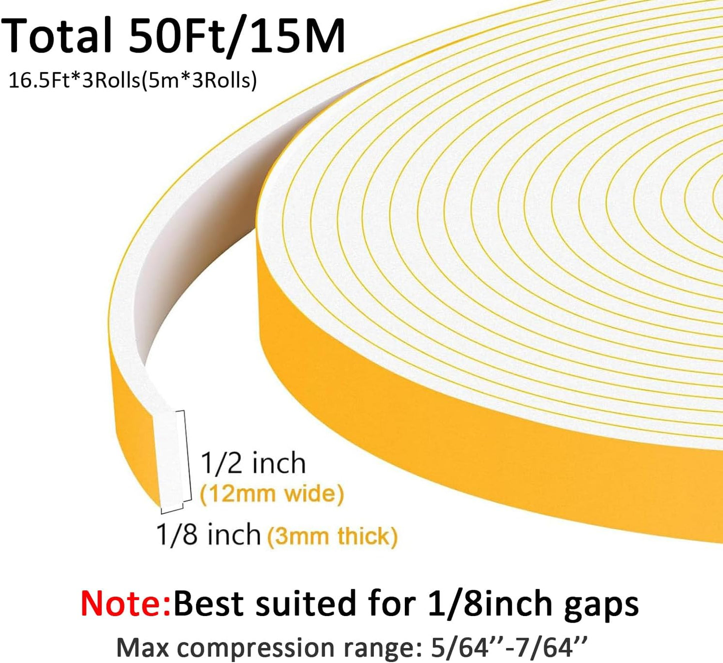 White Strong Adhesive Foam Tape, High Density Door Insulation Weather Strip，Soundproof Weatherproof, Foam Seal Tape for Sliding Door, Windows (1/2 in x 1/8 in x 50Ft