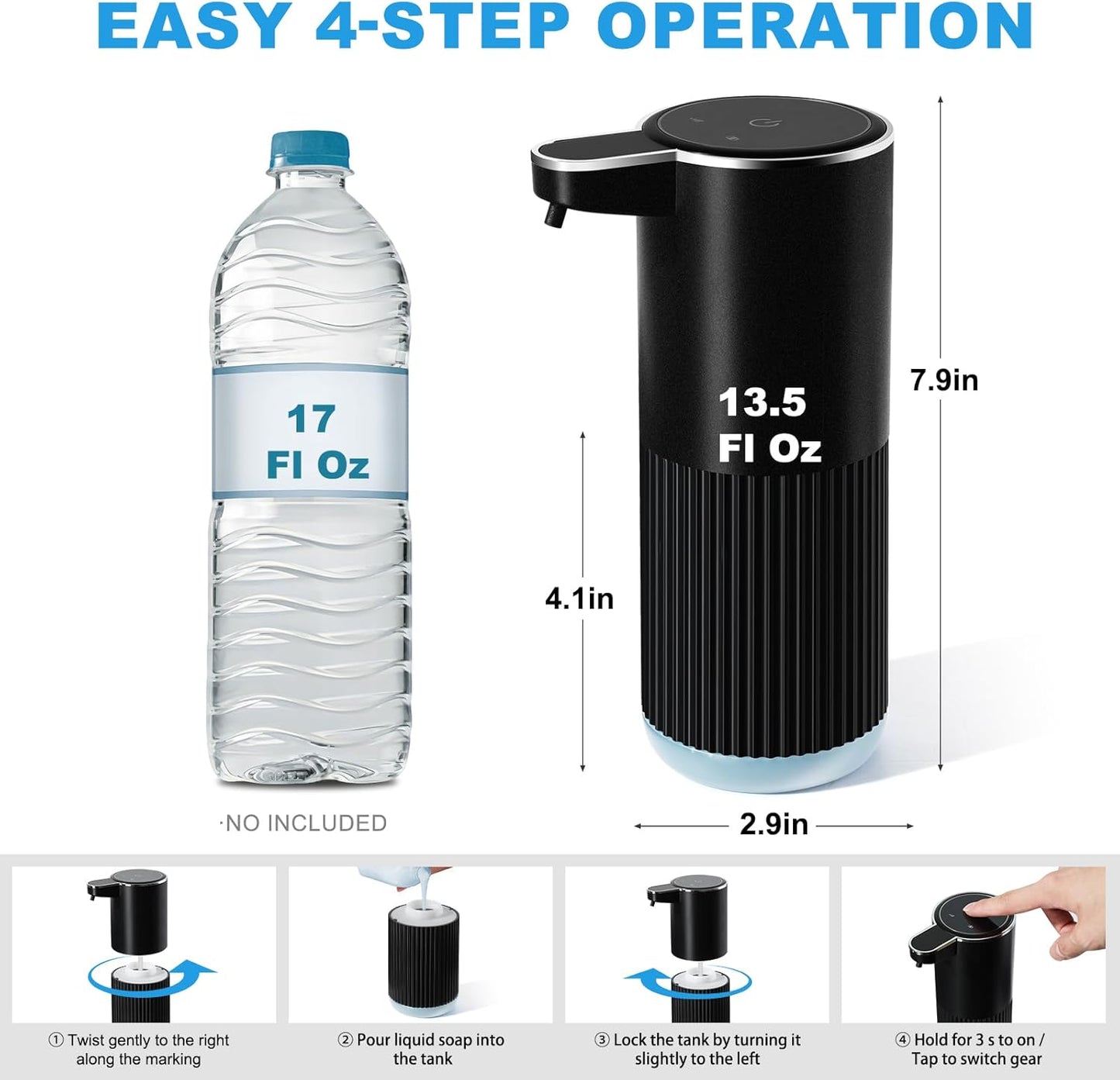 Automatic Soap Dispenser, 2 Pack Black and White Touchless Liquid Soap Dispensers for Bathroom, 13.5 Fl Oz Plastic Electric Auto Dish Soap Dispenser Wall Mount for Kithcen