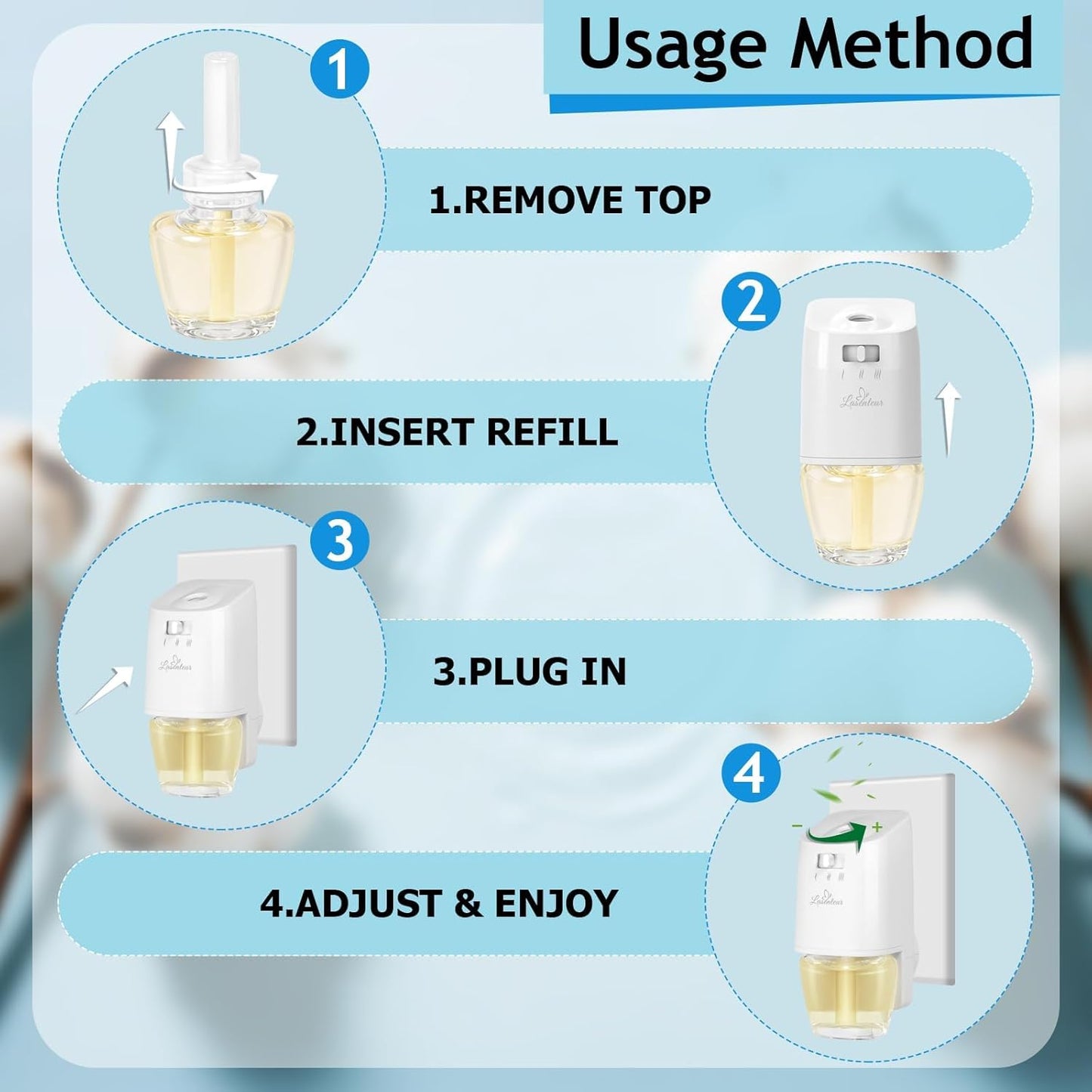 LASENTEUR Plug in Scented Oil Refill, 6 ct, Cotton Scent Long-Lasting Natural Fragrance for Home, Bathroom Bedroom Office, Compatible with Airwick, Compatible with Glade