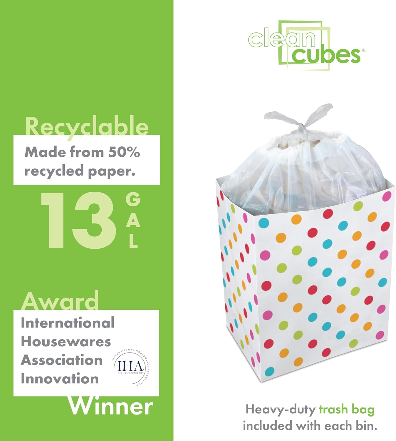 13 Gallon Disposable Pop-Up Trash Cans (3-Pack) with Fitted Bags – Foldable Garbage & Recycling Bins for Parties, Events & Kitchen (Polka Dot, 17" H x 13.5" W x 10" D)