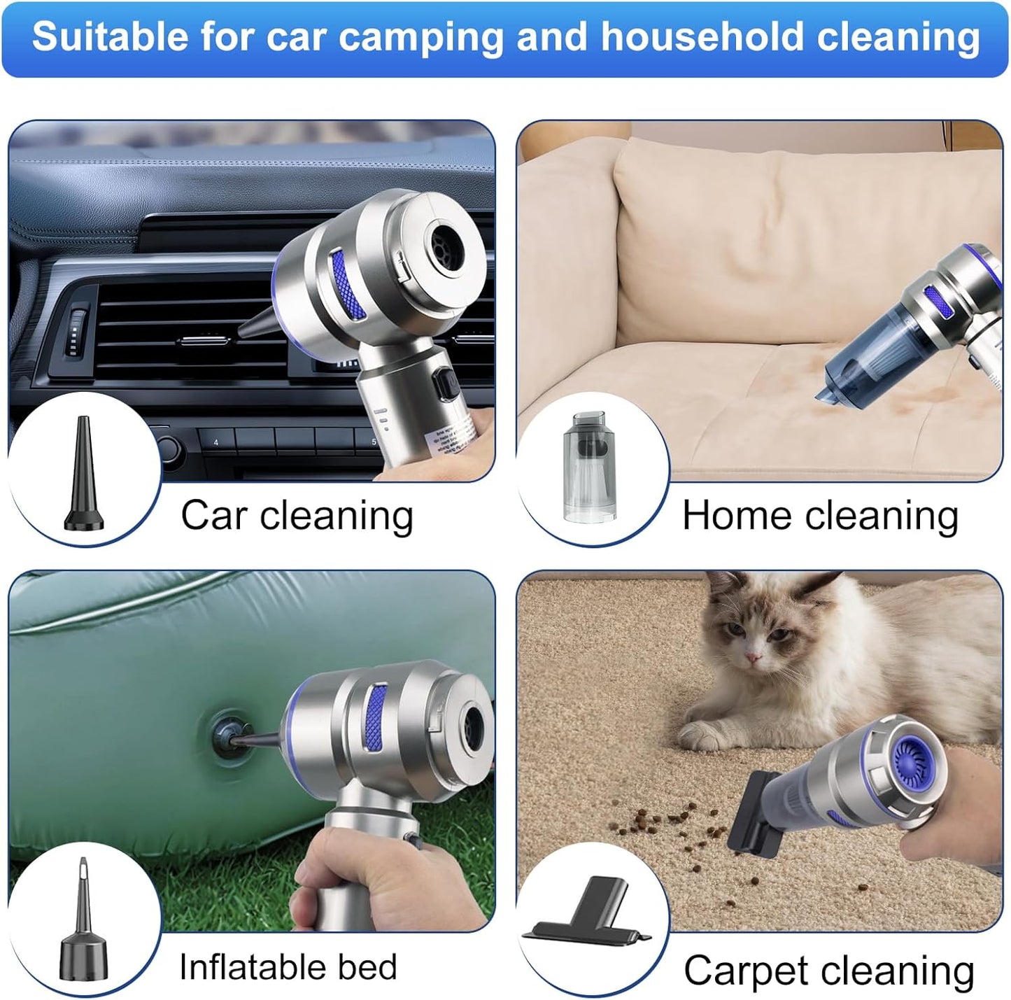 Car Vacuum Portable Cordless, 21000Pa Strong Suction Handheld Vacuum, 100W Auto Vac for Car Detailing, Home, RV Camping Use with 6000mAh Battery, Type-C Fast Charge & Blower Function